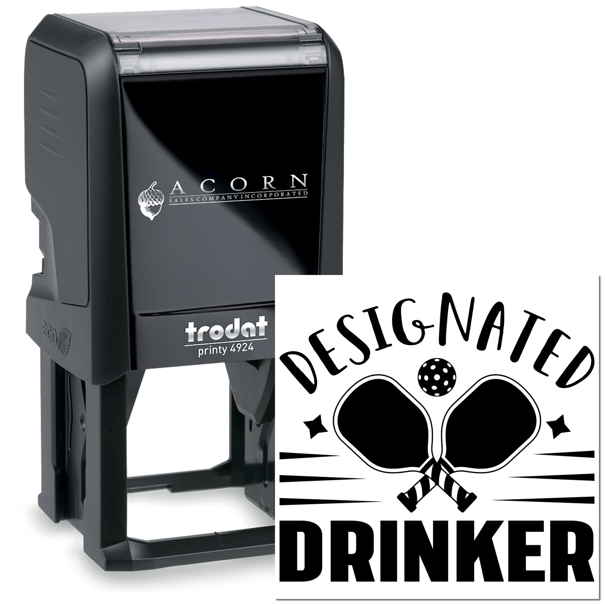 Custom self-inking rubber stamp with Designated Drinker design, ideal for personalized bar, party, and novelty stamping.
