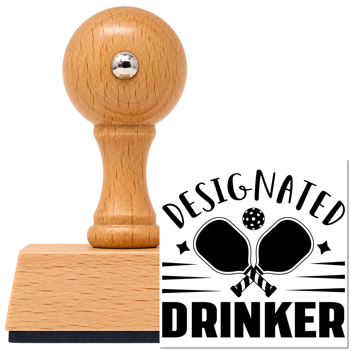 Designated Drinker Pickleball Paddles Vintage Pro rubber stamp in European beech wood with a round knob handle, shown beside its black imprint.
