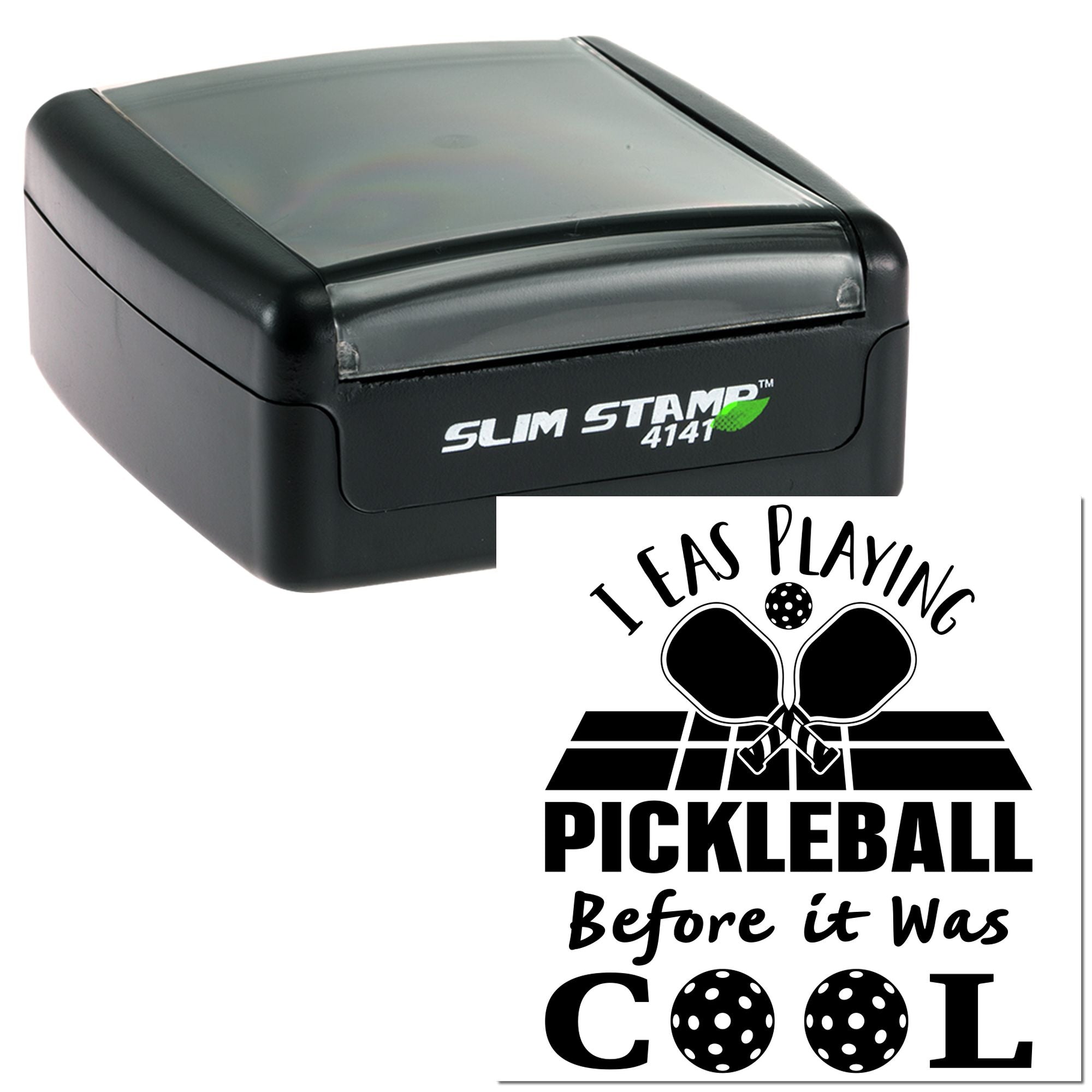 Custom self-inking rubber stamp for pickleball, showing Slim Stamp 4141 and a personalized sports quote design.