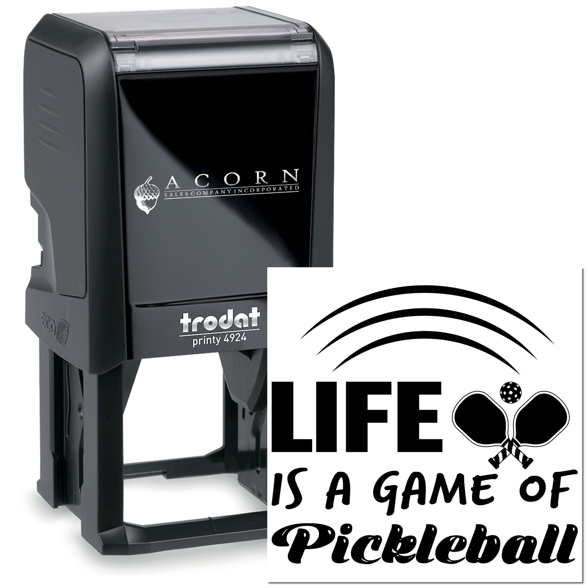Self-inking pickleball rubber stamp with Life is a game of pickleball design for custom sports crafts and branding.