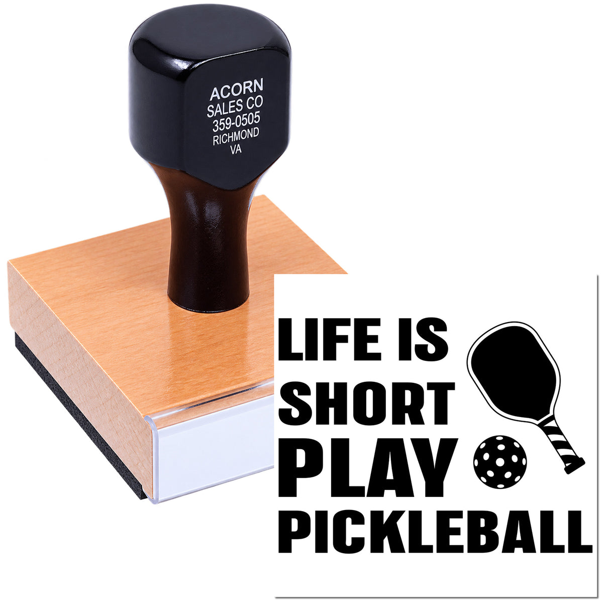 Pickleball rubber stamp with Life Is Short Play Pickleball design for custom crafting, promotions, and event stationery.