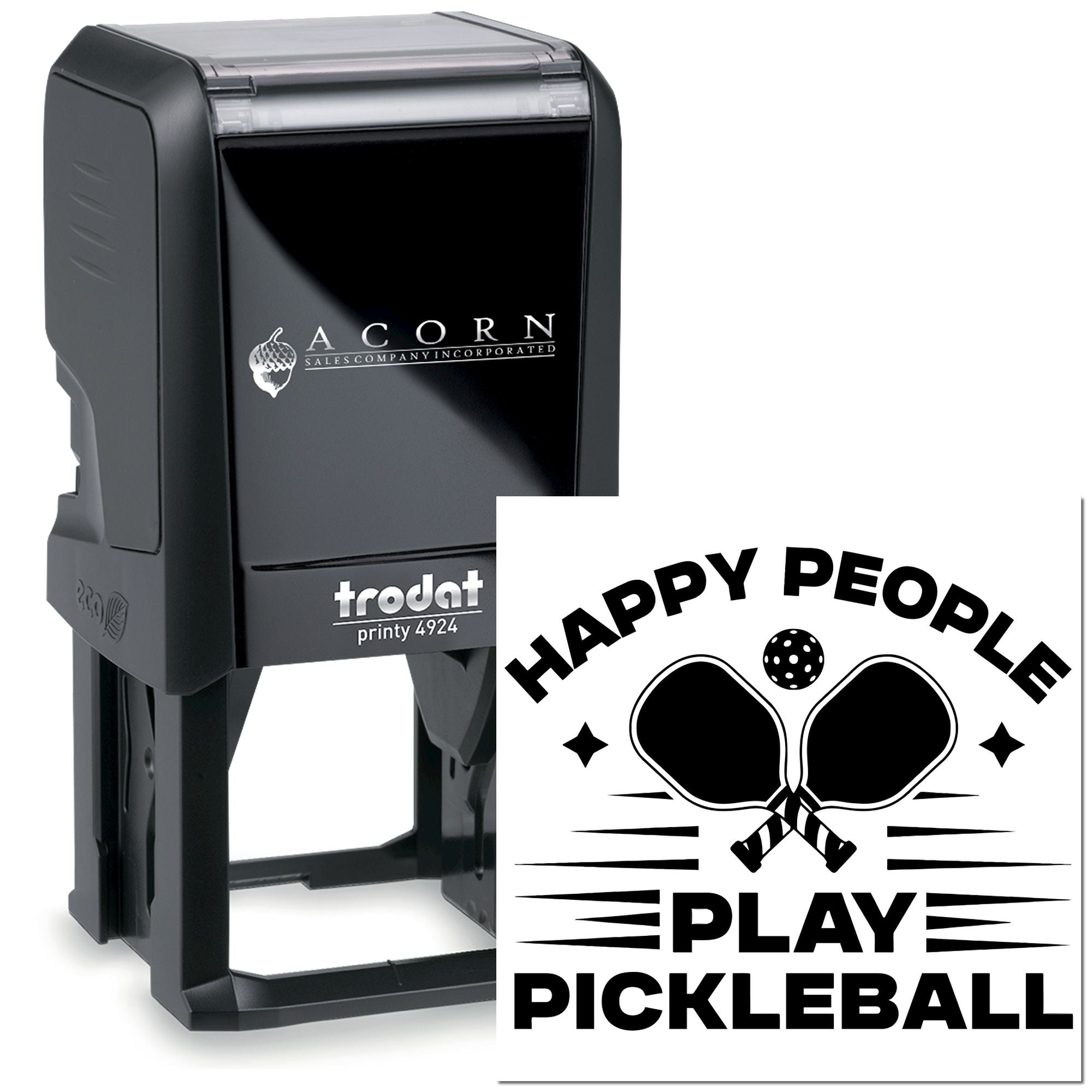 Custom self-inking rubber stamp for pickleball teams, featuring Happy People Play Pickleball with paddles and ball design.