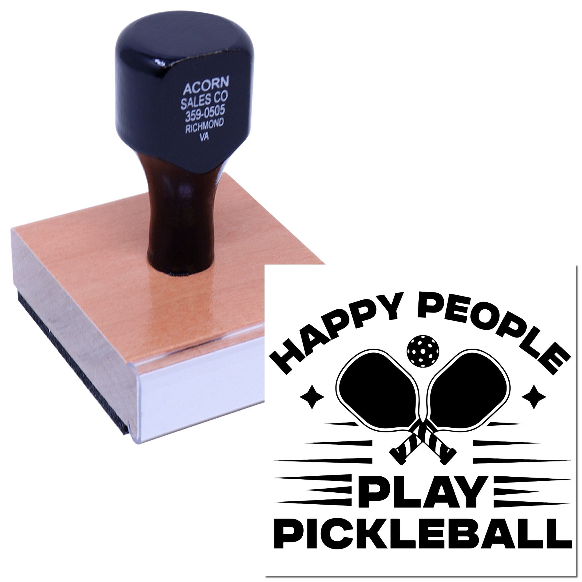 Custom rubber stamp featuring the Happy People Play Pickleball logo for clubs, events, and branded pickleball merchandise.