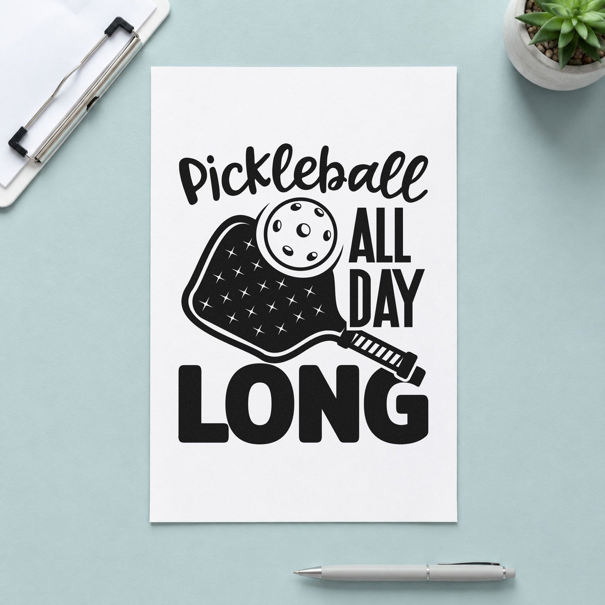 Pickleball All Day Long craft stamp in black ink on cardstock, an easy option for round robin album page.