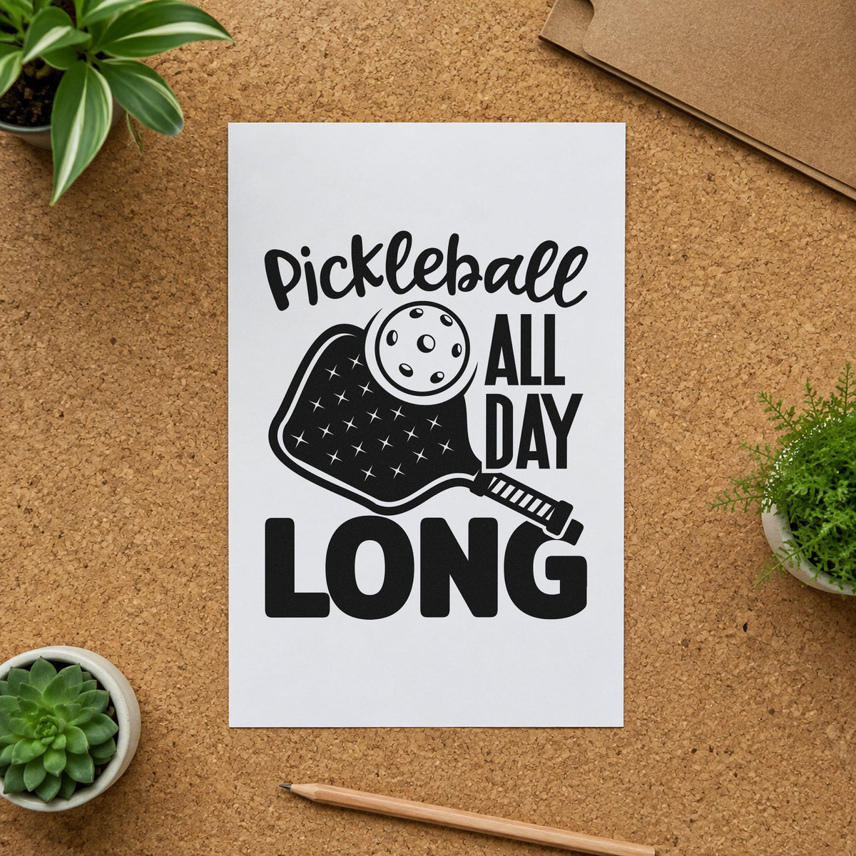 Pickleball All Day Long rubber stamp printed in black ink, ready for rotation board sheet and similar paper crafts.