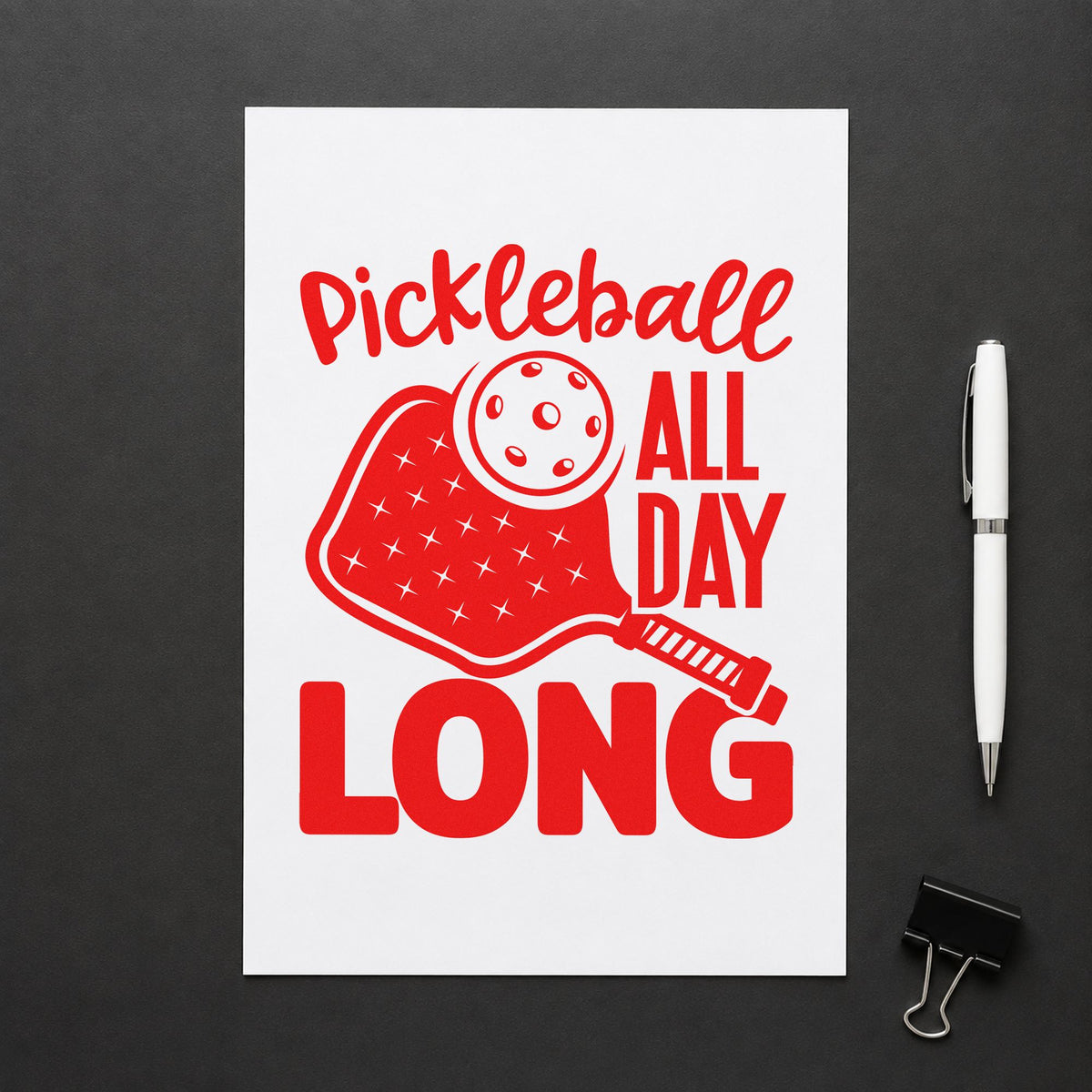 Pickleball All Day Long craft stamp imprint in red ink on a handmade project, one idea being round score cards.