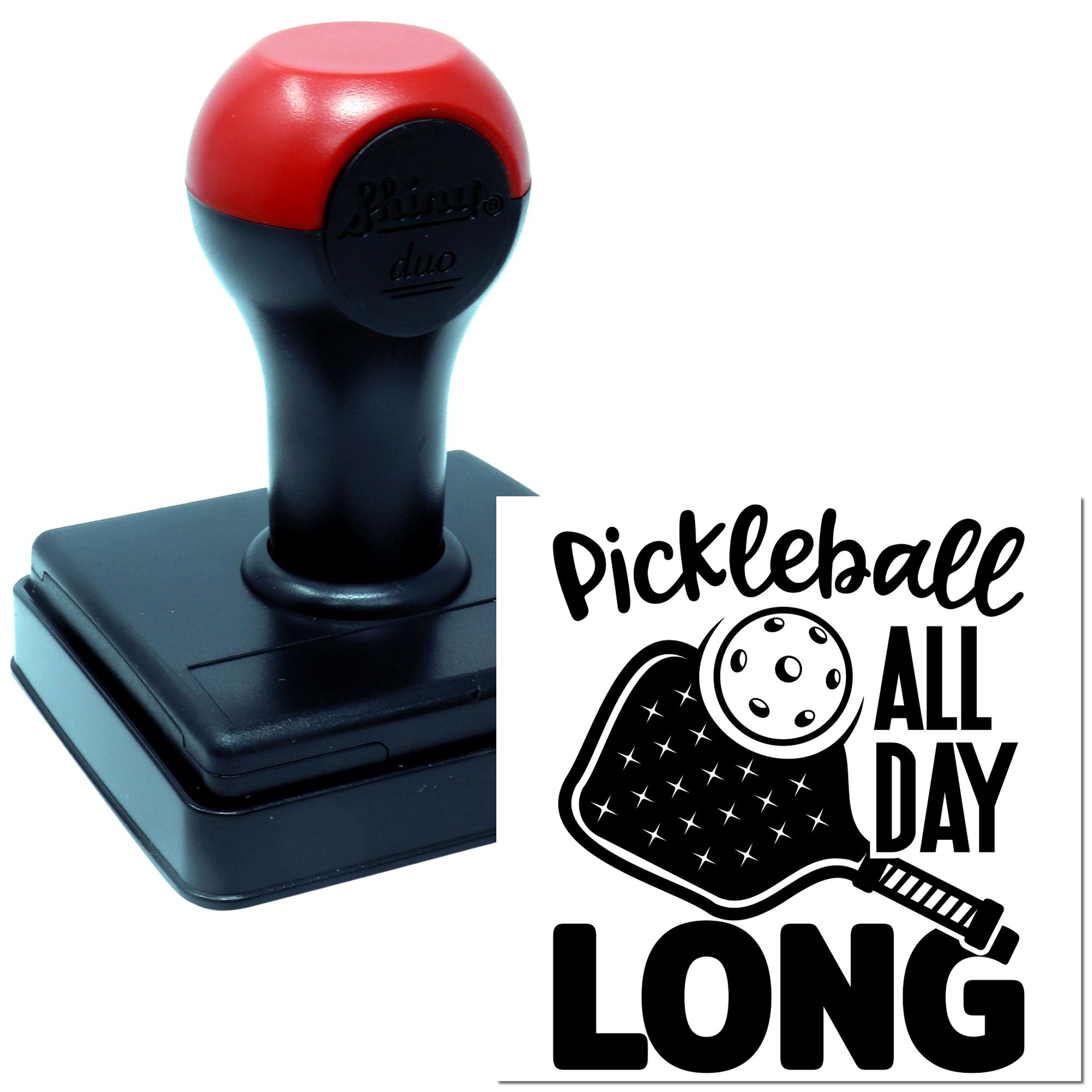 Pickleball All Day Long self-inking rubber stamp for custom sports crafts, labels, and pickleball fan gifts.