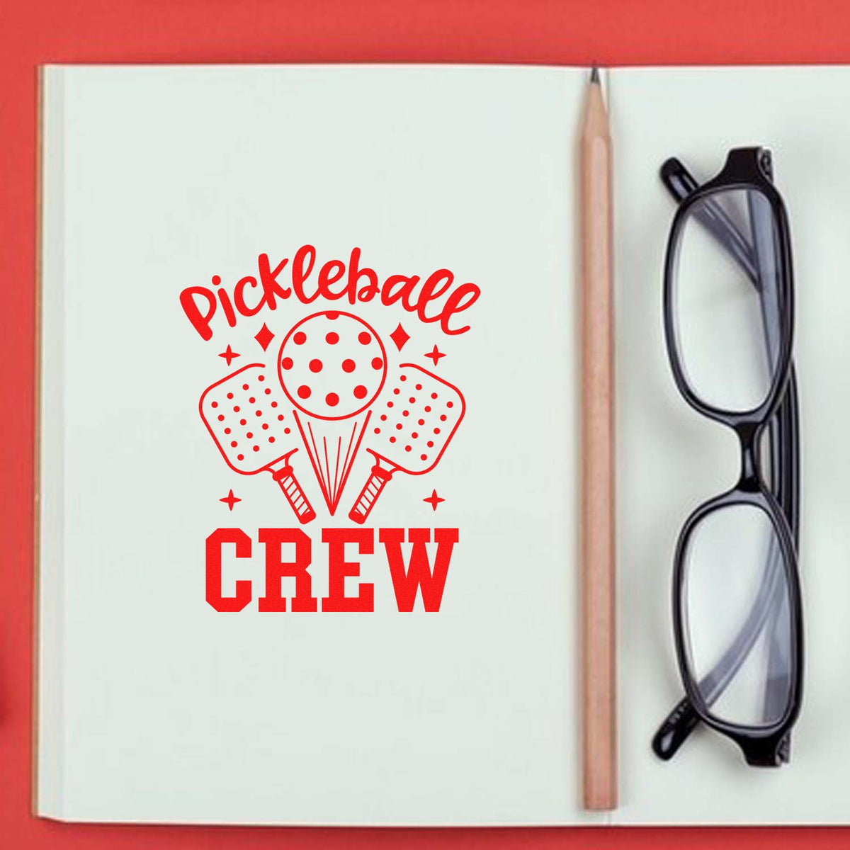 Pickleball Crew rubber stamp with paddles and ball for personalized notebooks and craft projects
