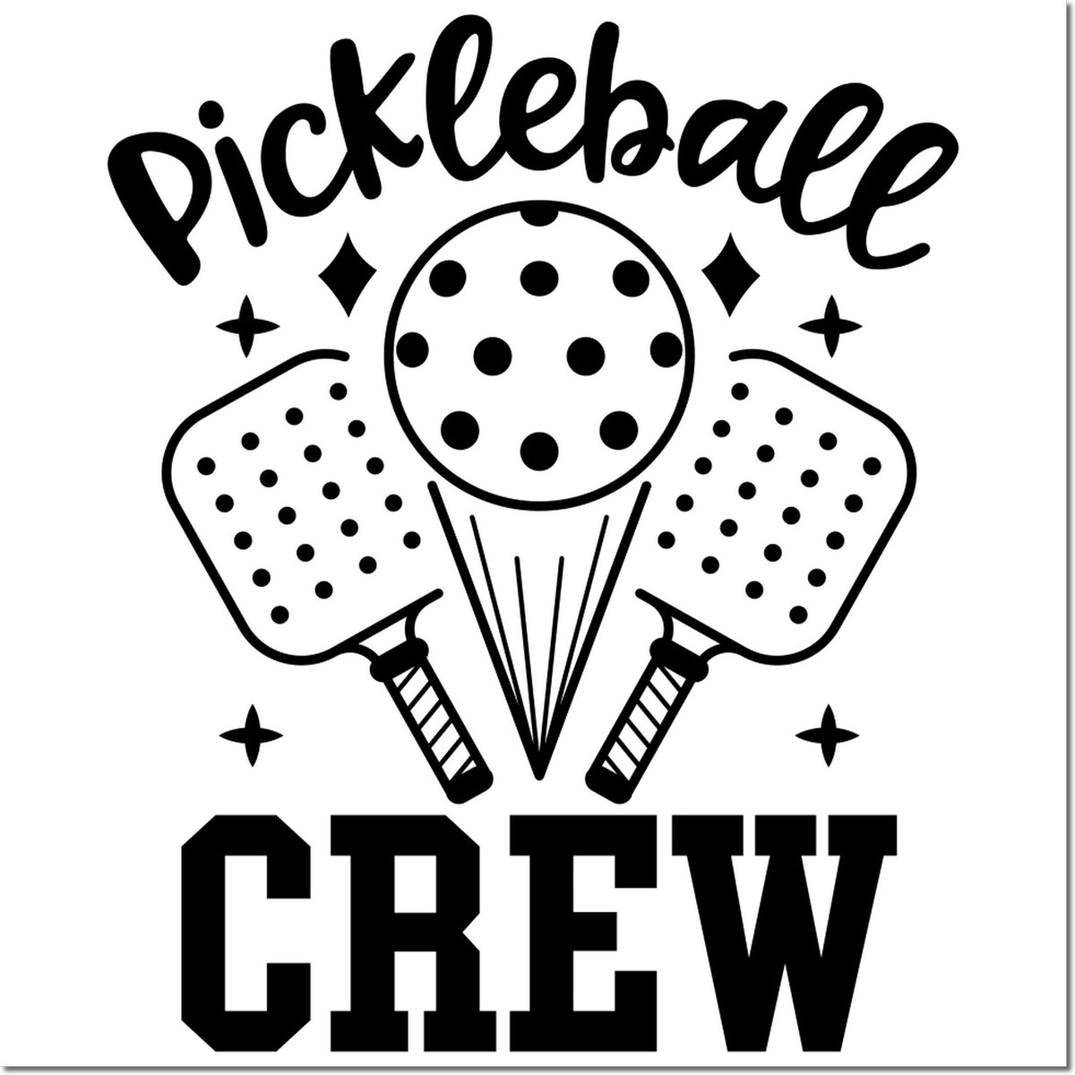 Pickleball Crew rubber stamp design with paddles and ball, perfect for team sports crafts, custom merchandise, and pickleball fans