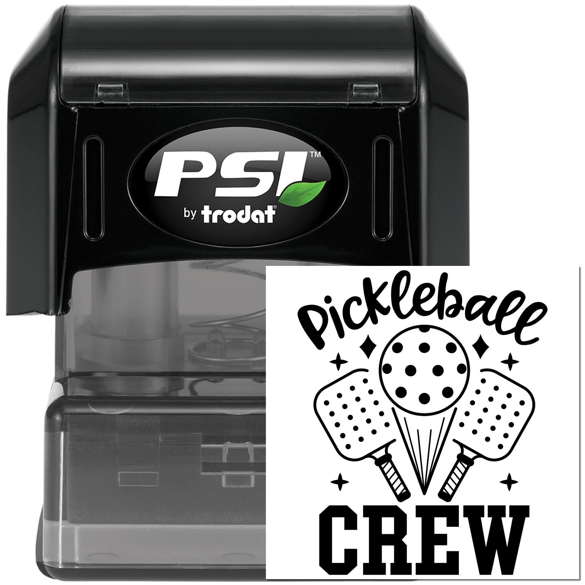 PSI by Trodat self-inking rubber stamp with custom Pickleball Crew design for sports team labeling.