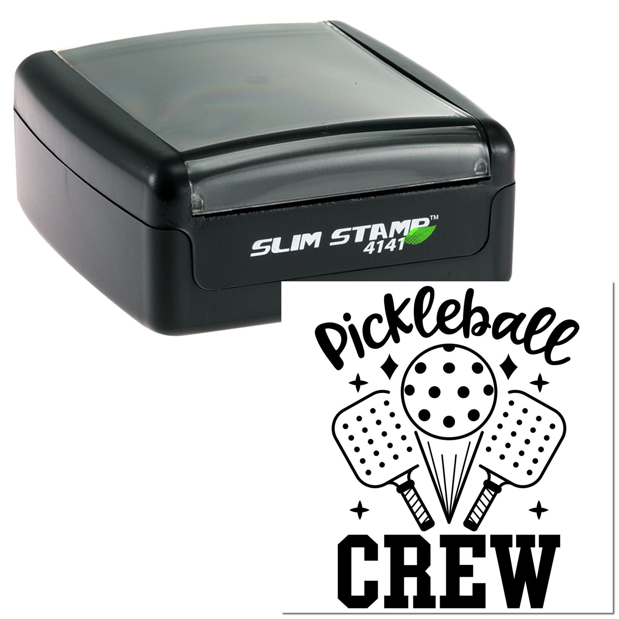 Slim Stamp 4141 self-inking rubber stamp with custom Pickleball Crew design for pickleball team branding.