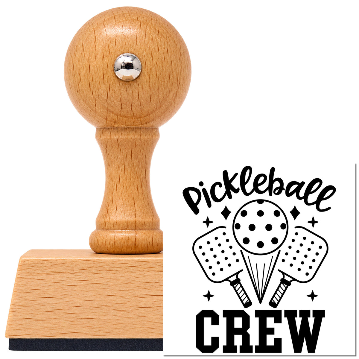 Pickleball Crew Paddles Ball With Sparkles Vintage Pro rubber stamp in European beech wood with a round knob handle, shown beside its black imprint.