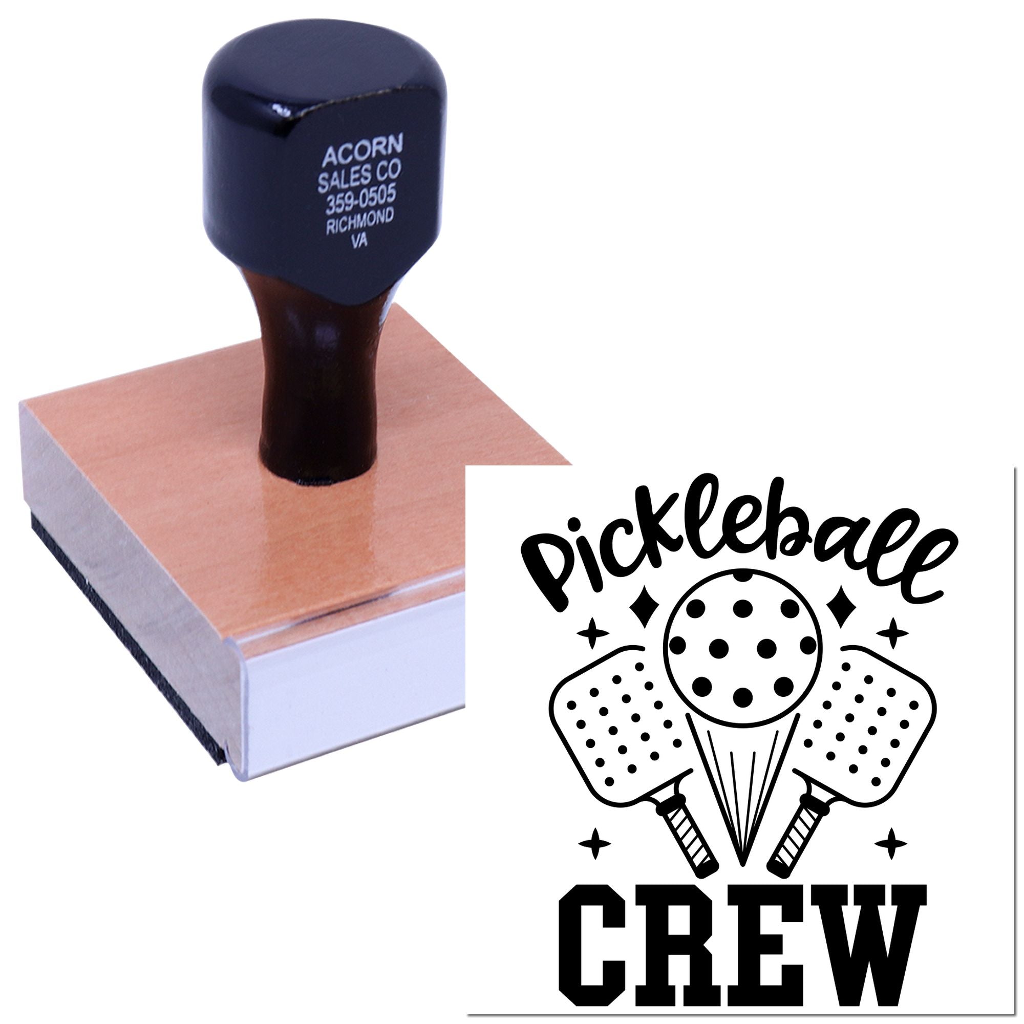 Custom pickleball crew rubber stamp with wooden handle for branding, packaging, and team projects.