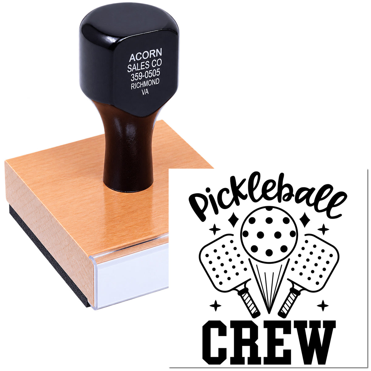 Custom pickleball crew rubber stamp with wooden handle for branding, packaging, and team projects.