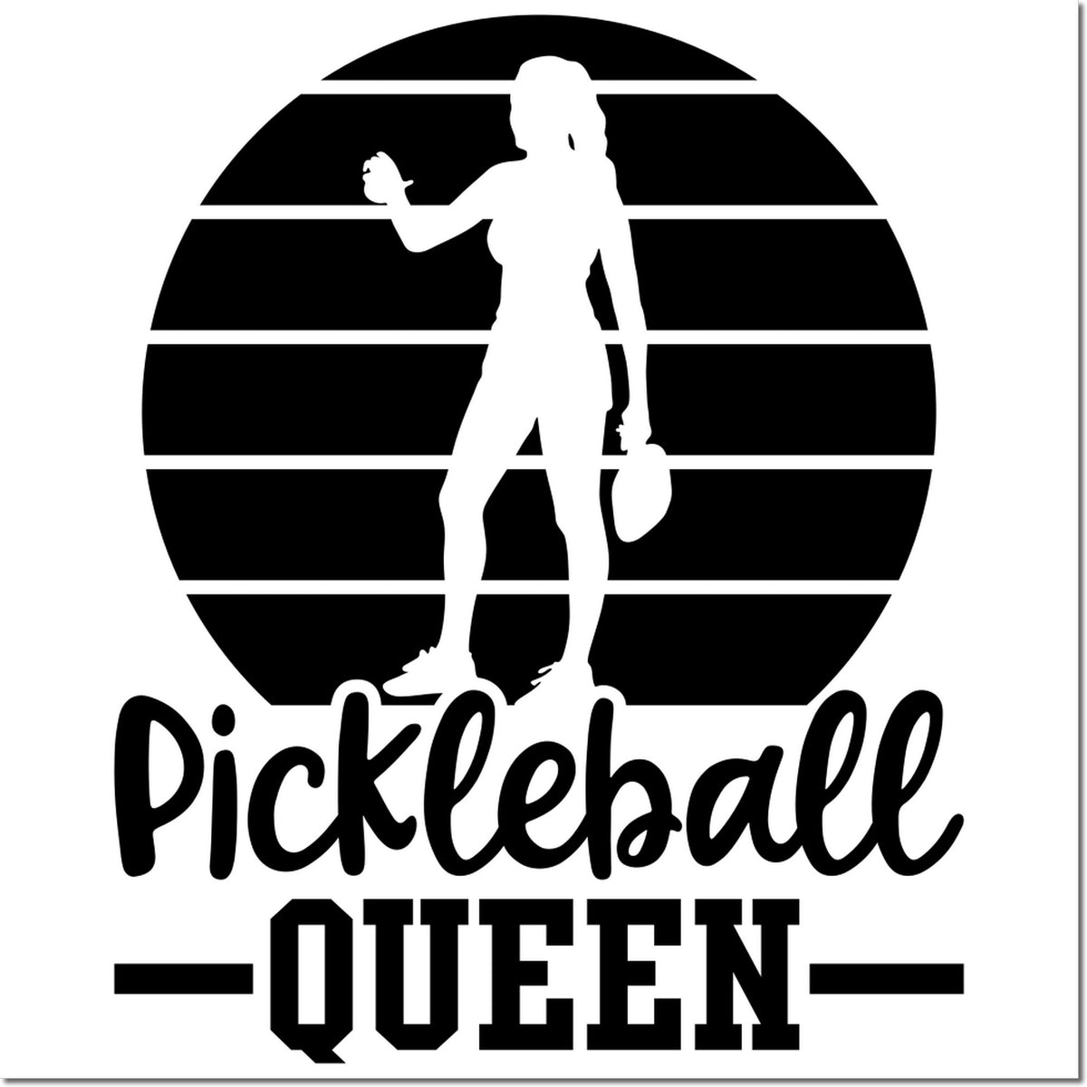 Pickleball Queen rubber stamp design featuring a female player silhouette and bold sporty text