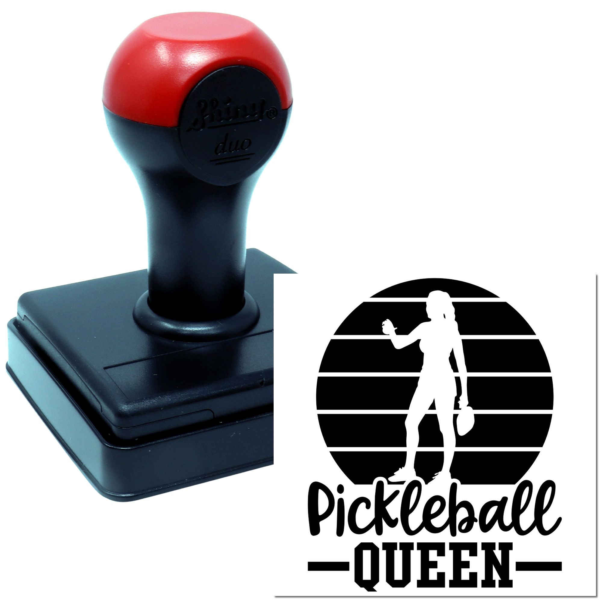 Pickleball Queen self-inking rubber stamp with player silhouette design for custom pickleball gifts and craft projects.