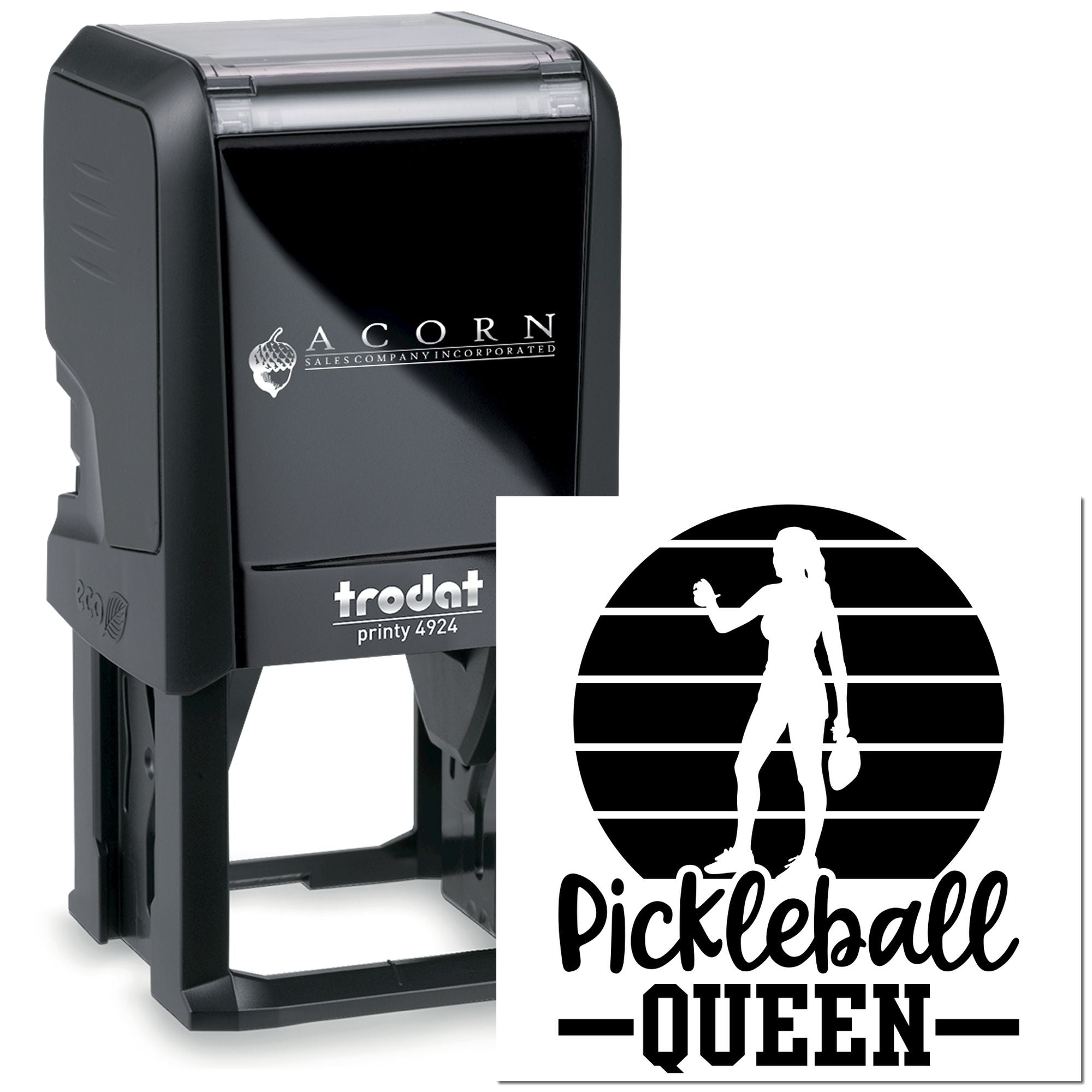 Custom self-inking pickleball rubber stamp, Trodat Printy 4924, featuring Pickleball Queen design for personalized branding.