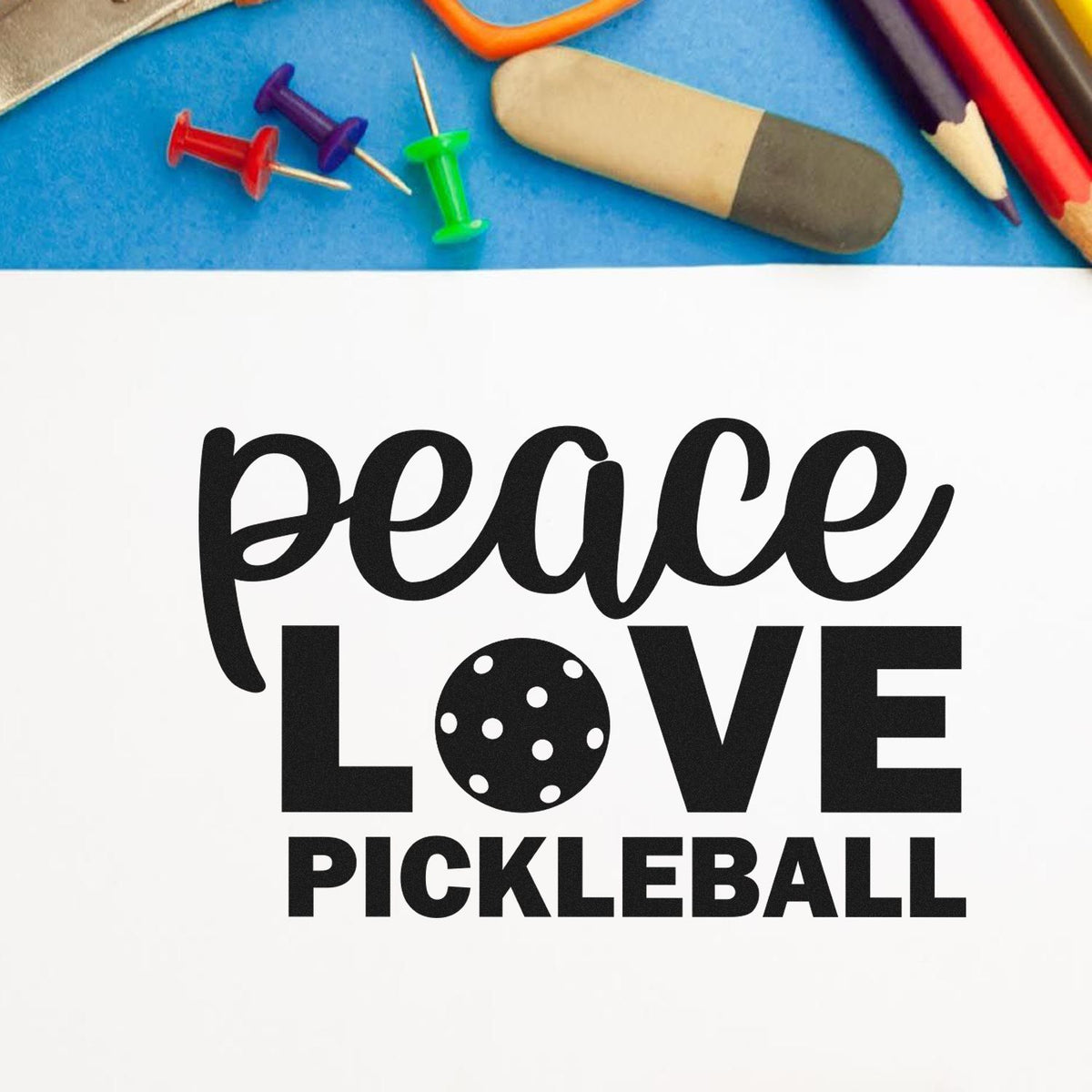 Peace Love Pickleball rubber stamp design for sports-themed crafts and DIY projects.