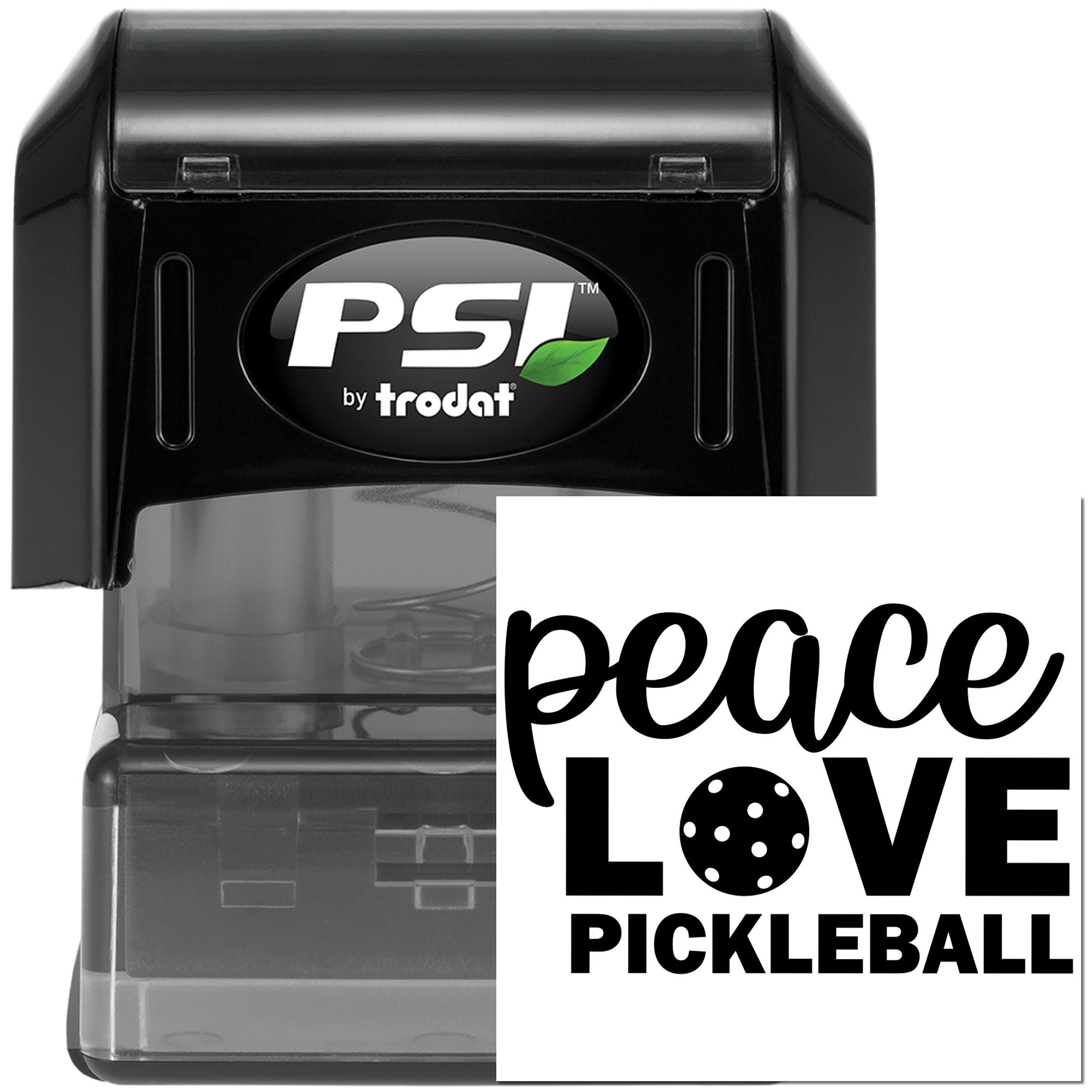 PSI by Trodat self-inking rubber stamp showing custom peace love pickleball design for pickleball clubs and gifts