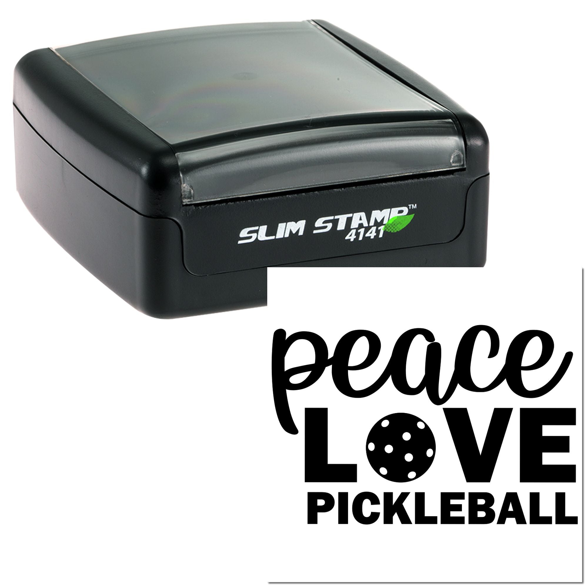 Self-inking rubber stamp with peace love pickleball imprint, ideal for custom sports club branding and personalized projects.