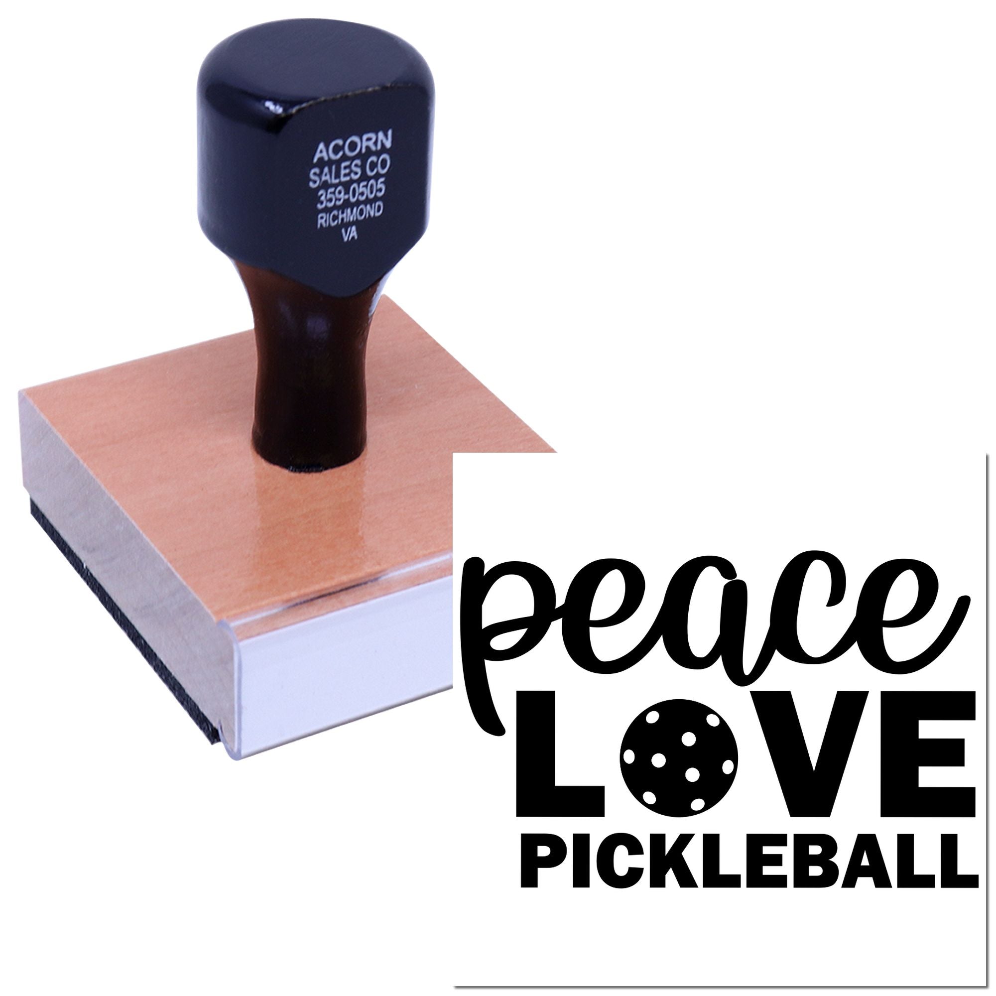 Custom Peace Love Pickleball rubber stamp for pickleball crafts, branding, invitations, and handmade stationery.