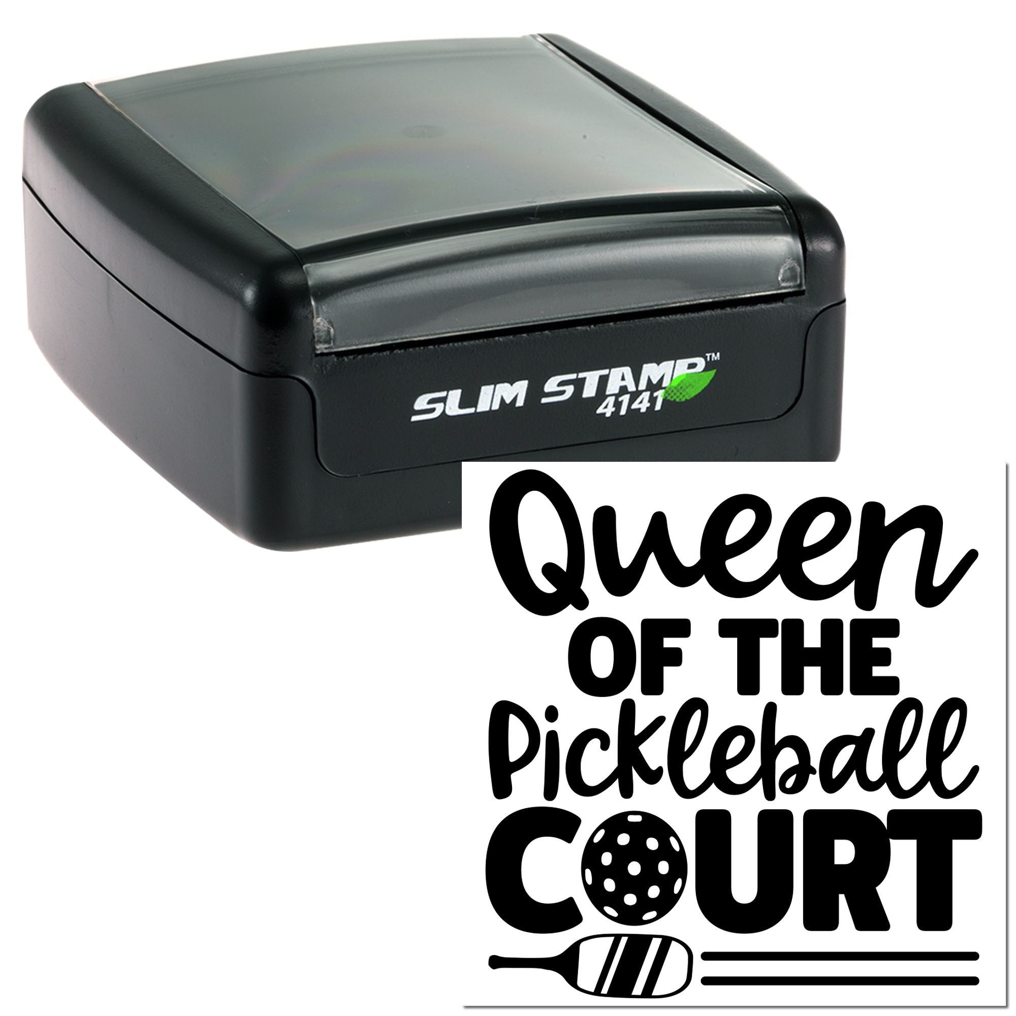 Custom self-inking rubber stamp with Queen of the Pickleball Court pickleball design for players and gifts