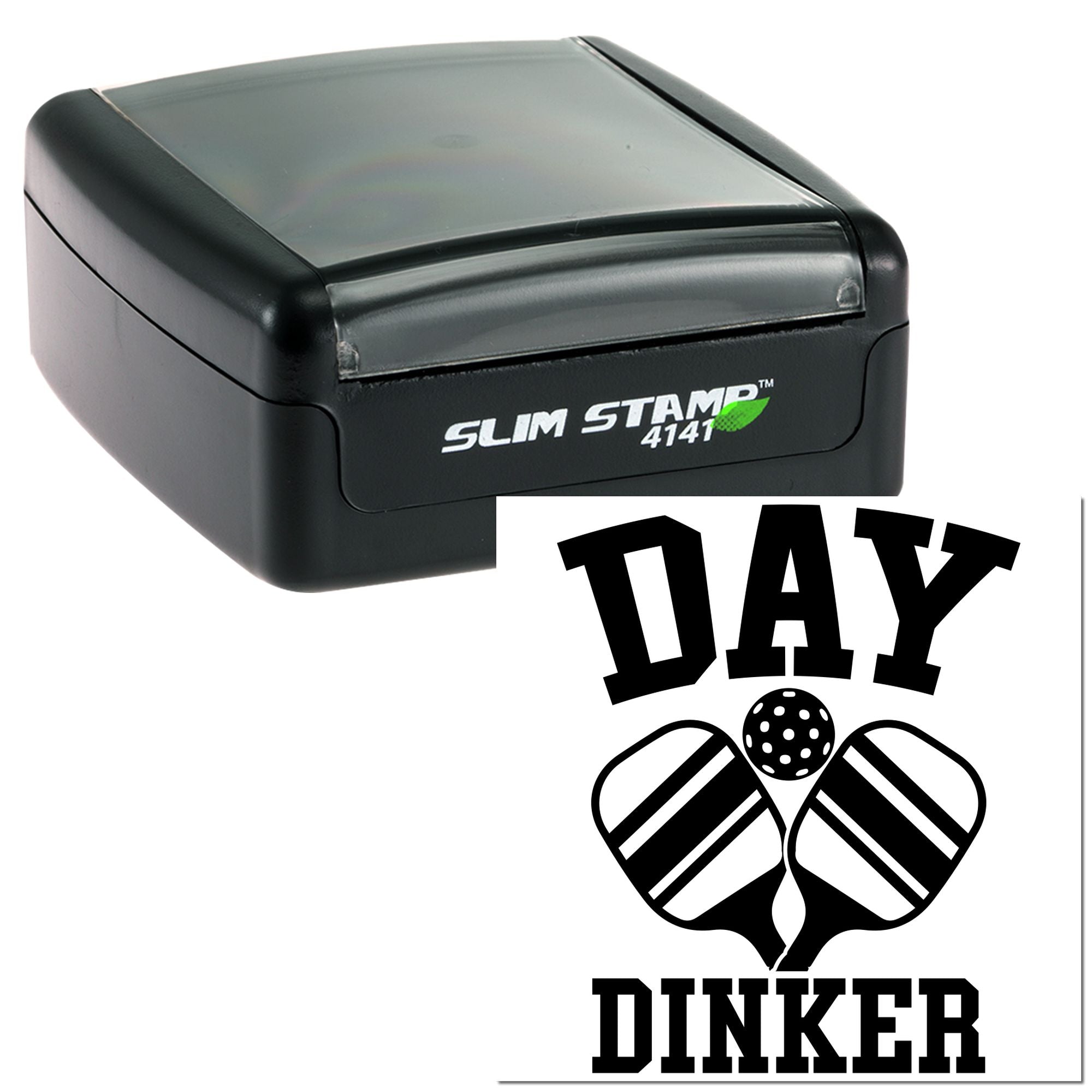 Custom self-inking rubber stamp with golf-themed DAY DINKER logo for branded marking and promotional use.