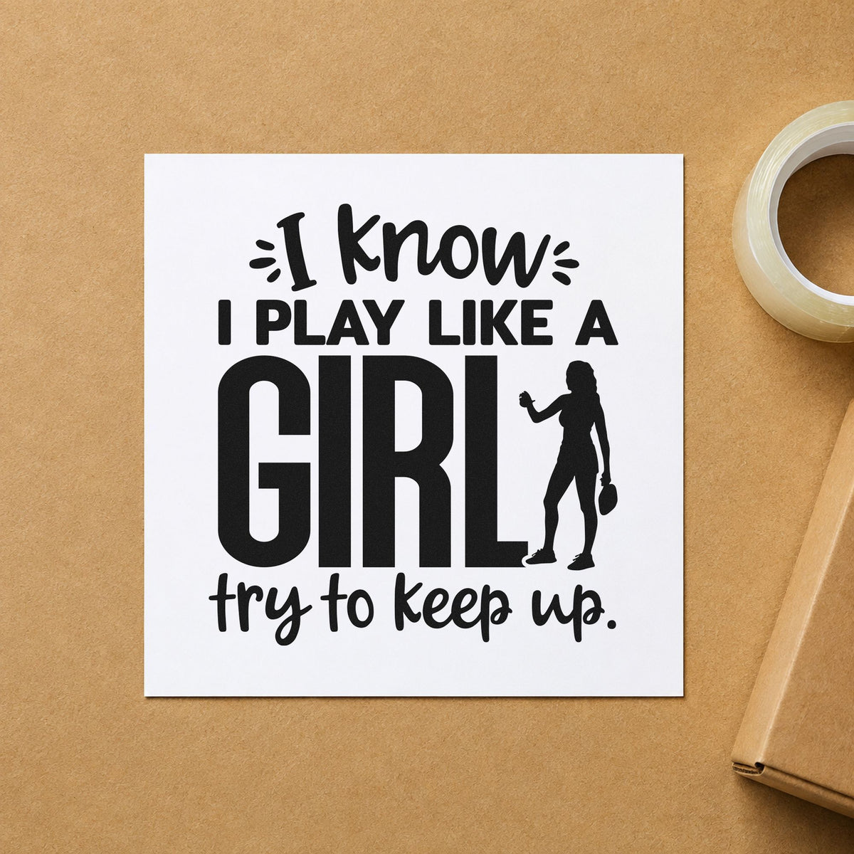Play Like A Girl craft stamp in black ink on cardstock, an easy option for squad season album page.