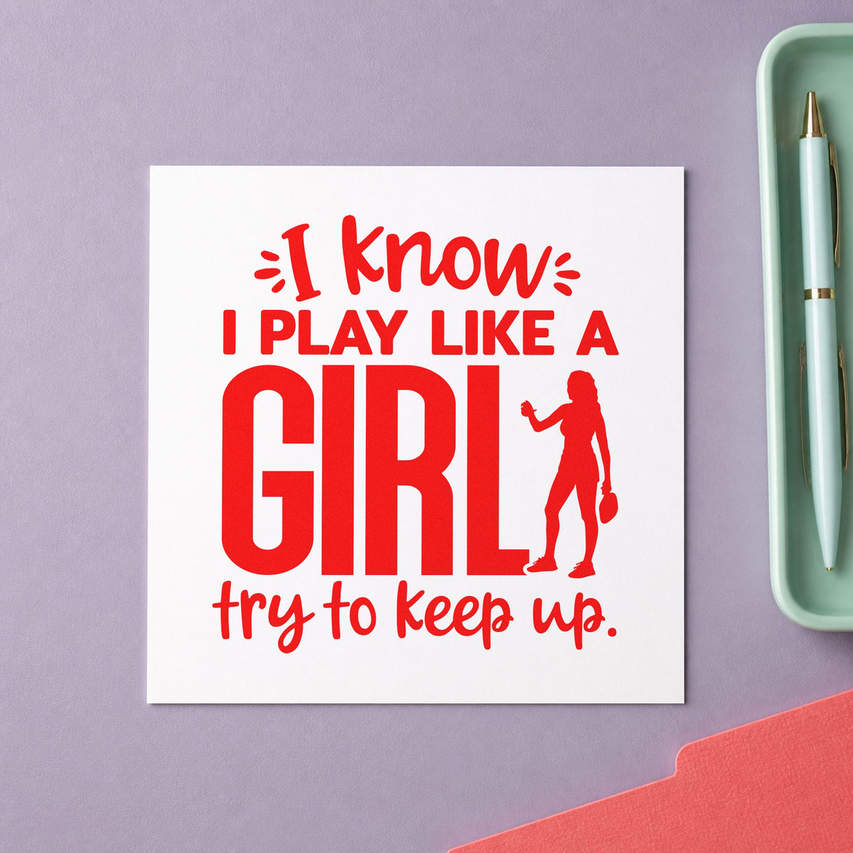 Play Like A Girl rubber stamp shown in red ink, stamped for projects such as bin paddle labels.