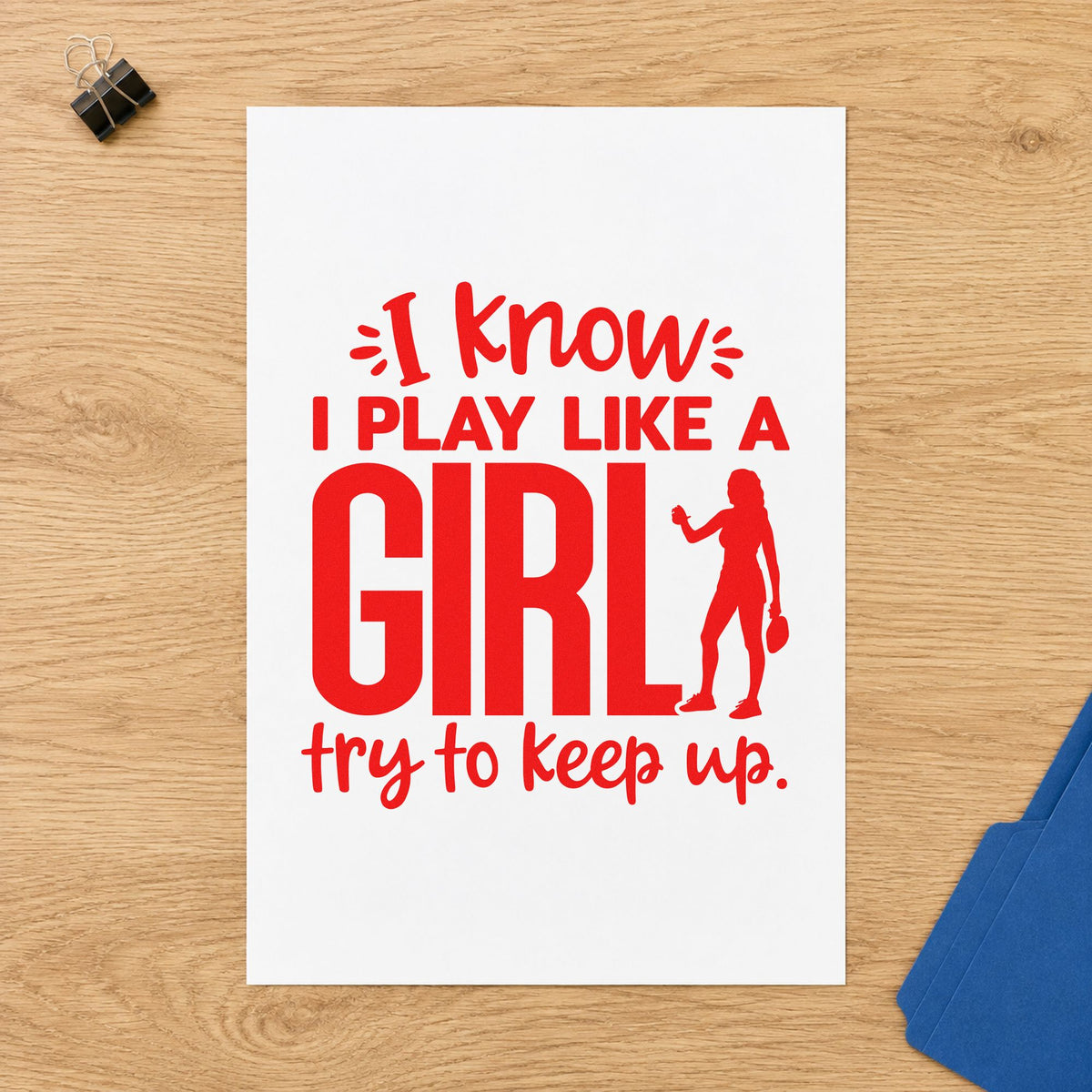 Play Like A Girl craft stamp imprint in red ink on a handmade project, one idea being match plan cards.