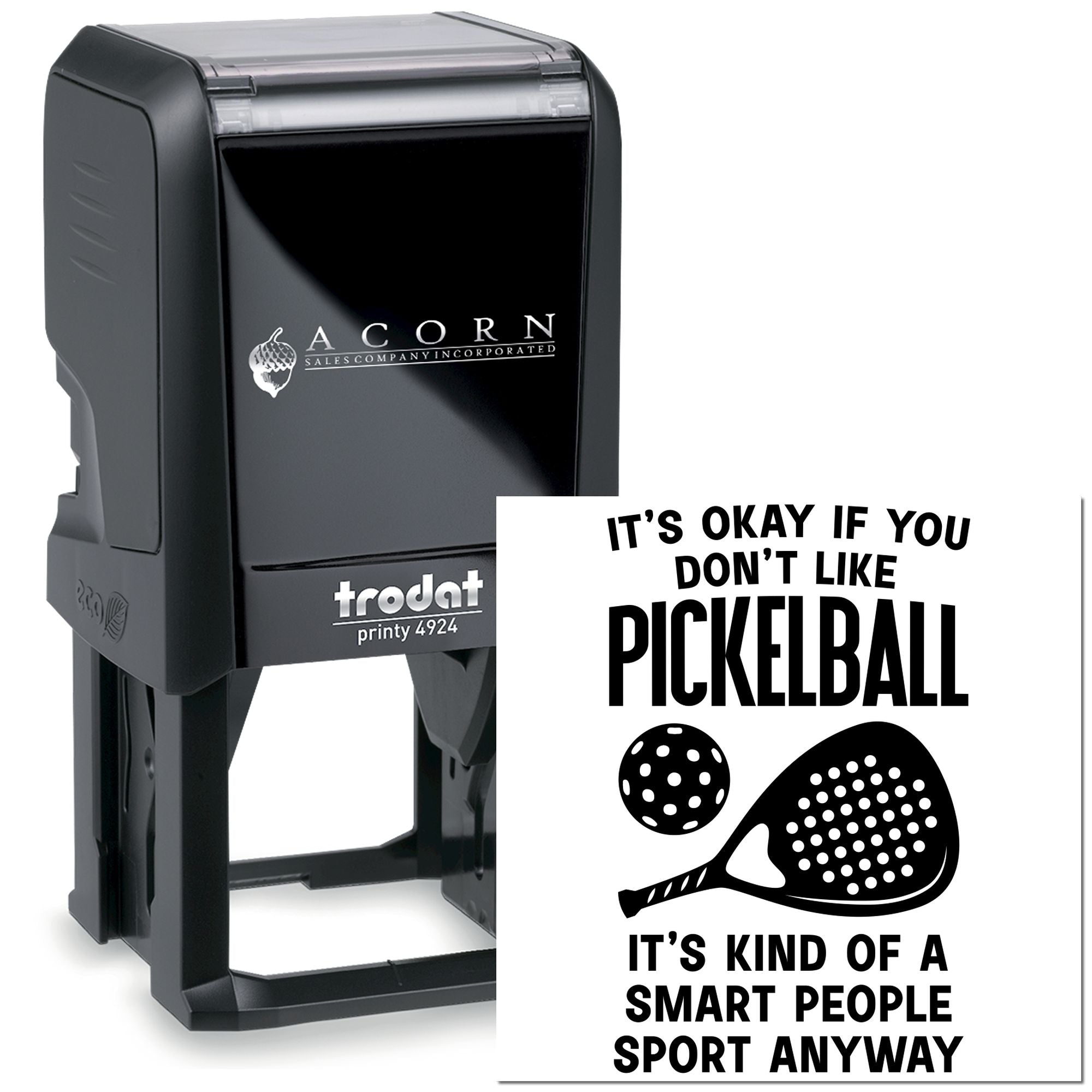 Custom self-inking rubber stamp with pickleball quote imprint for sports clubs, offices, or custom gift branding.