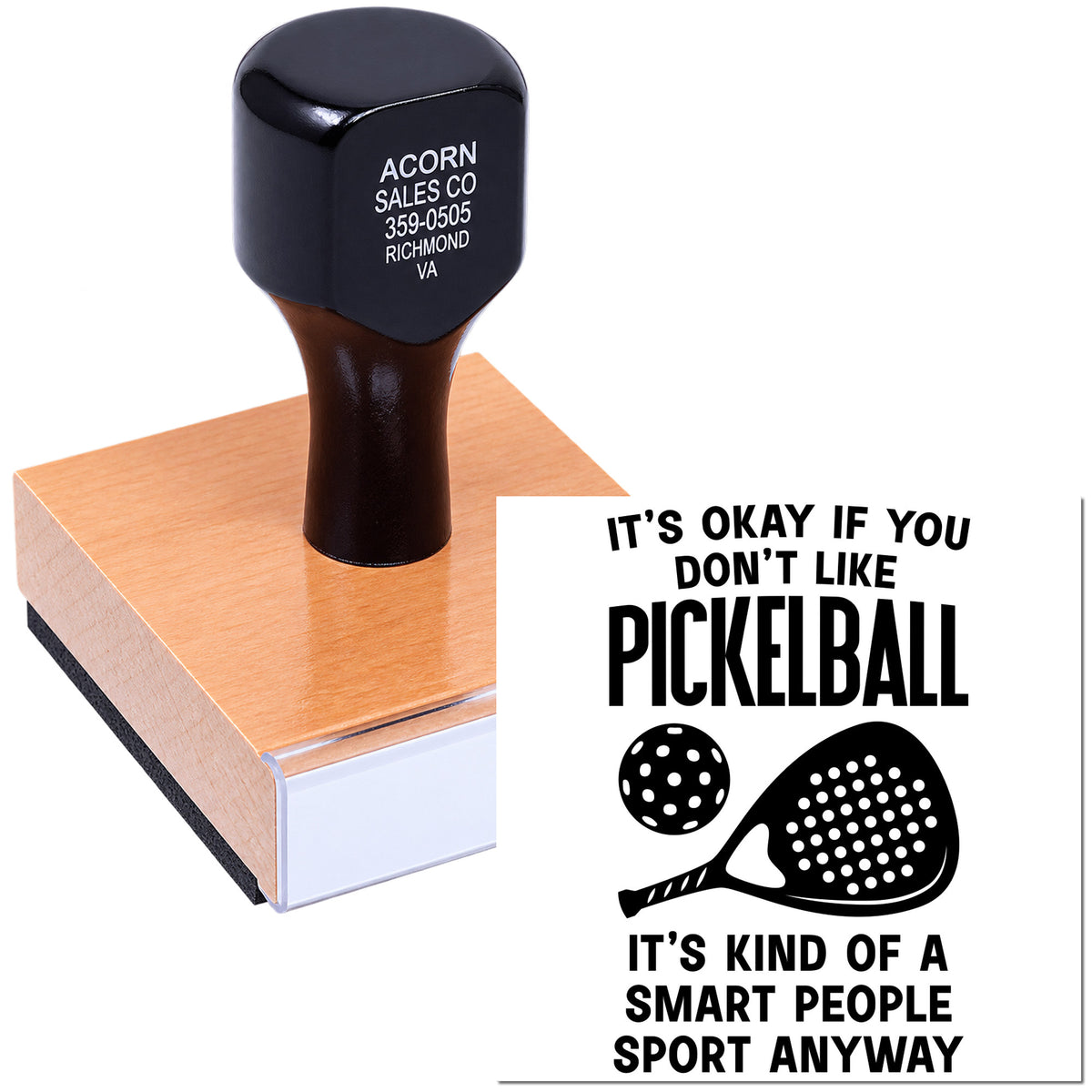 Custom self-inking rubber stamp with pickleball quote imprint for sports-themed branding and promotions.