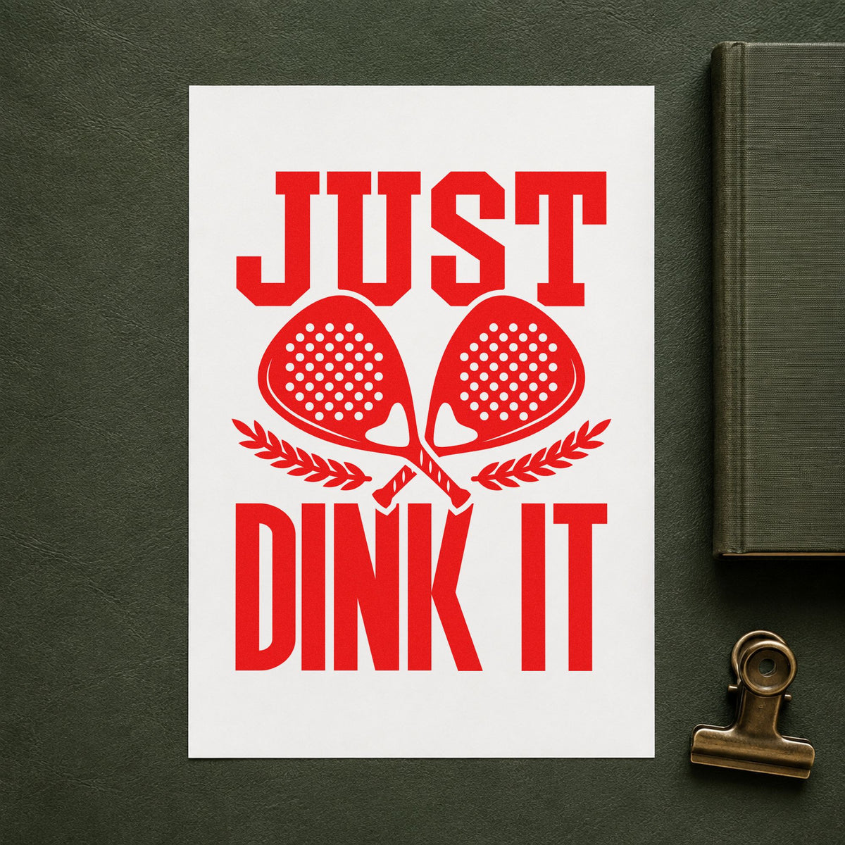 Just Dink It Laurels rubber stamp shown in red ink, stamped for projects such as bin group labels.