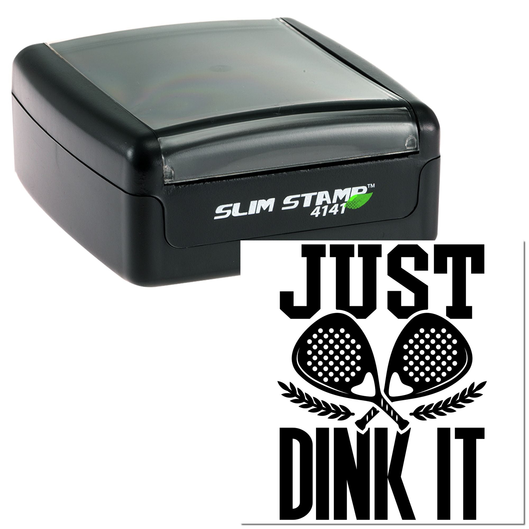 Custom Slim Stamp 4141 rubber stamp with Just Dink It pickleball paddle design for sports-themed branding.