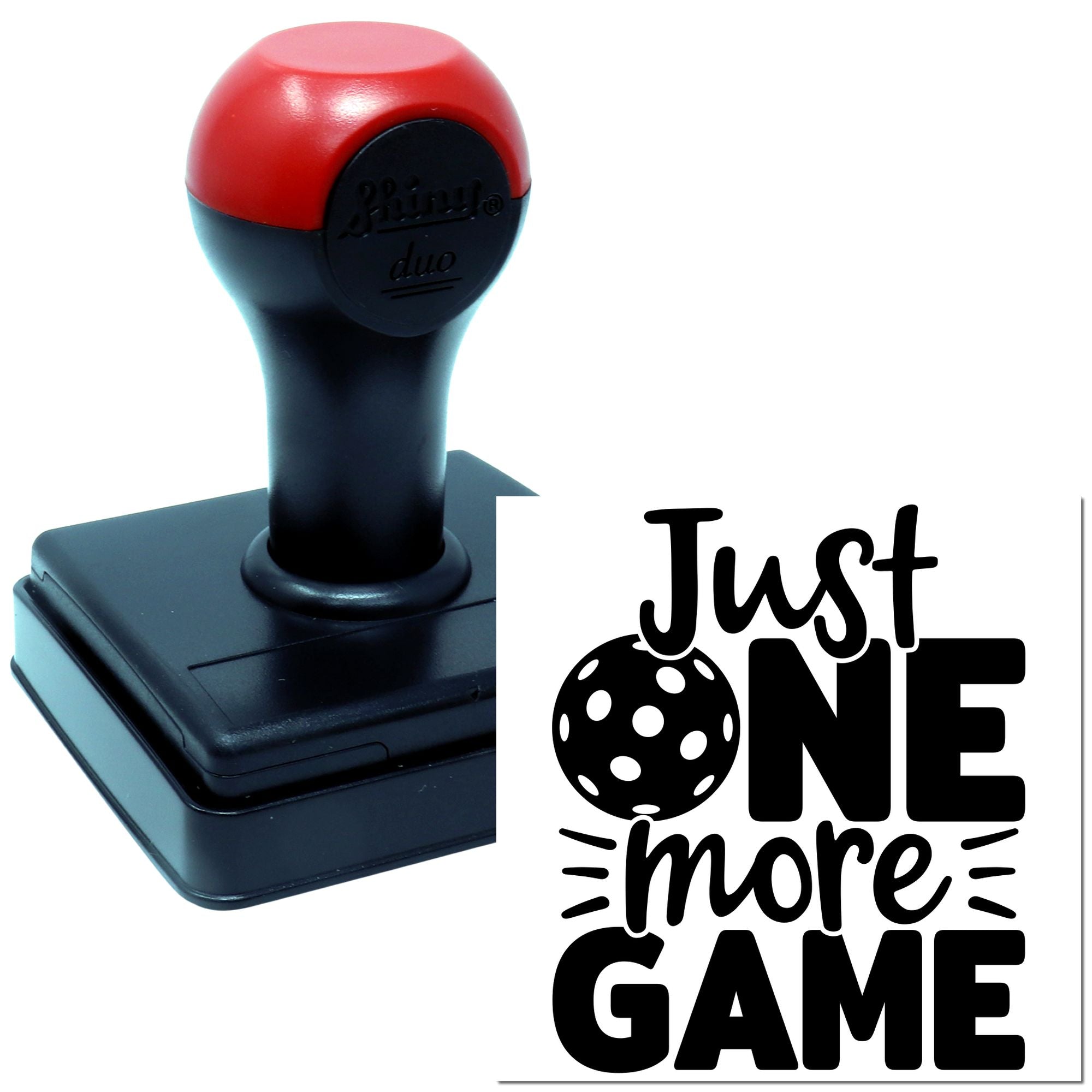 Self-inking rubber stamp with Just One More Game design for gamers, board game nights, and custom craft projects.