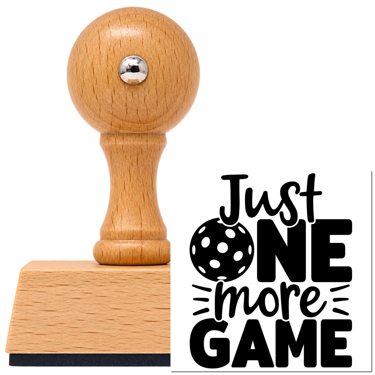 Just One More Game Pickleball Lettering Vintage Pro rubber stamp in European beech wood with a round knob handle, shown beside its black imprint.