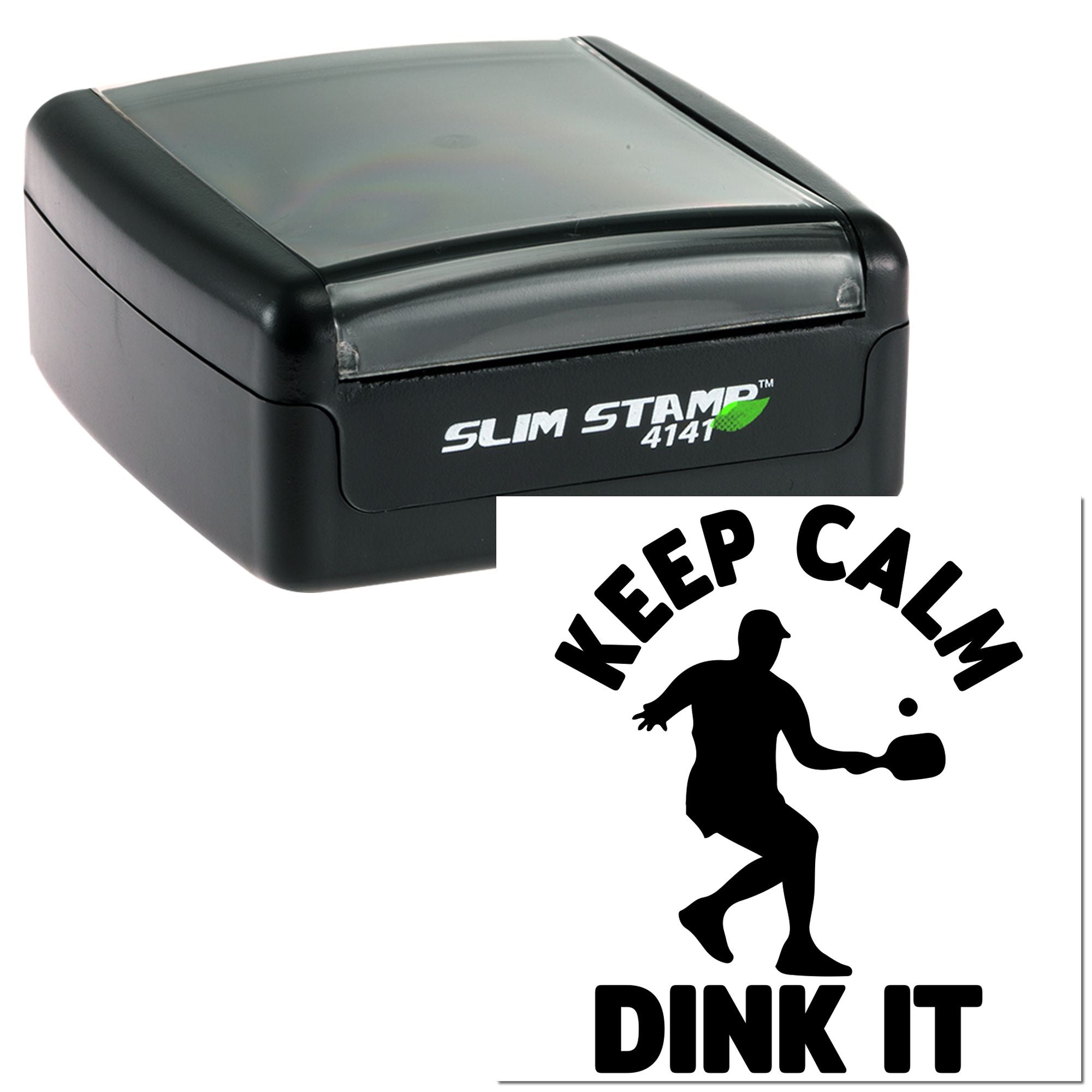 Self-inking rubber stamp with Keep Calm Dink It pickleball impression for custom sports and craft use.