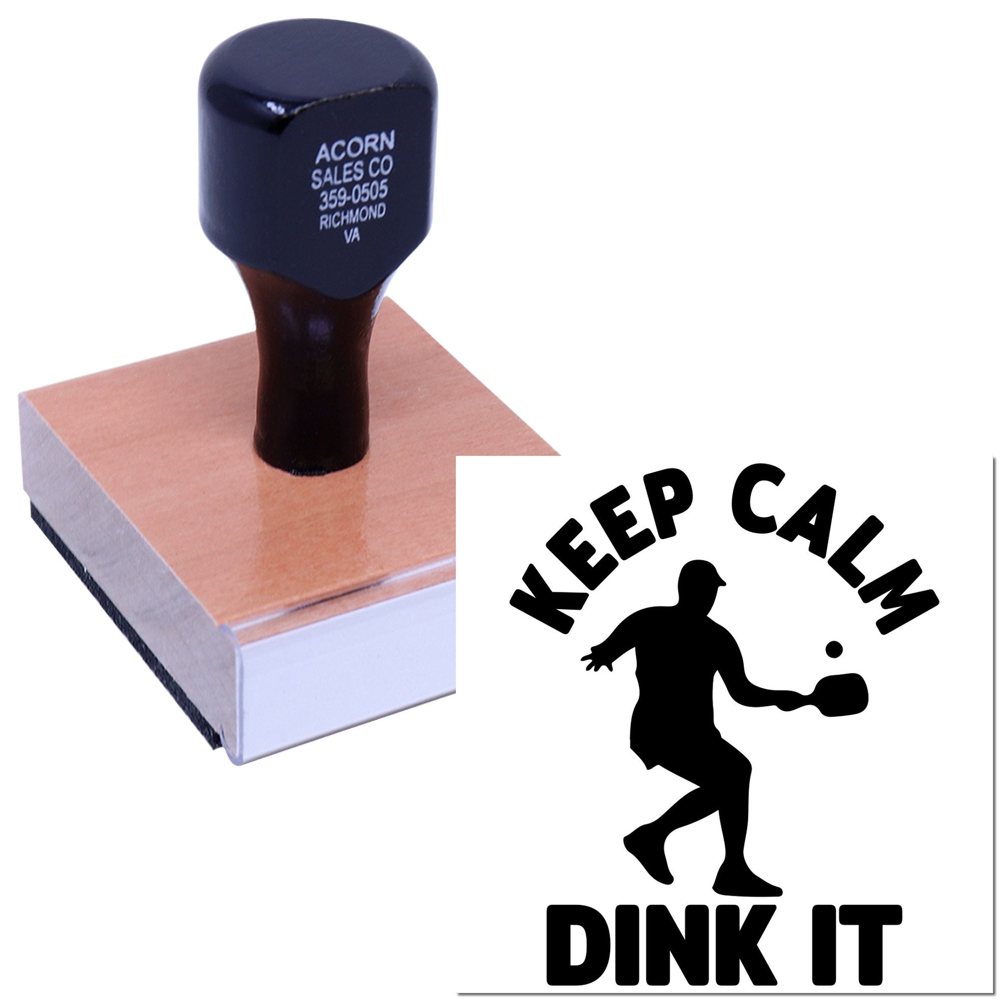Custom pickleball rubber stamp with Keep Calm Dink It design for crafts, promotions, and personal branding.