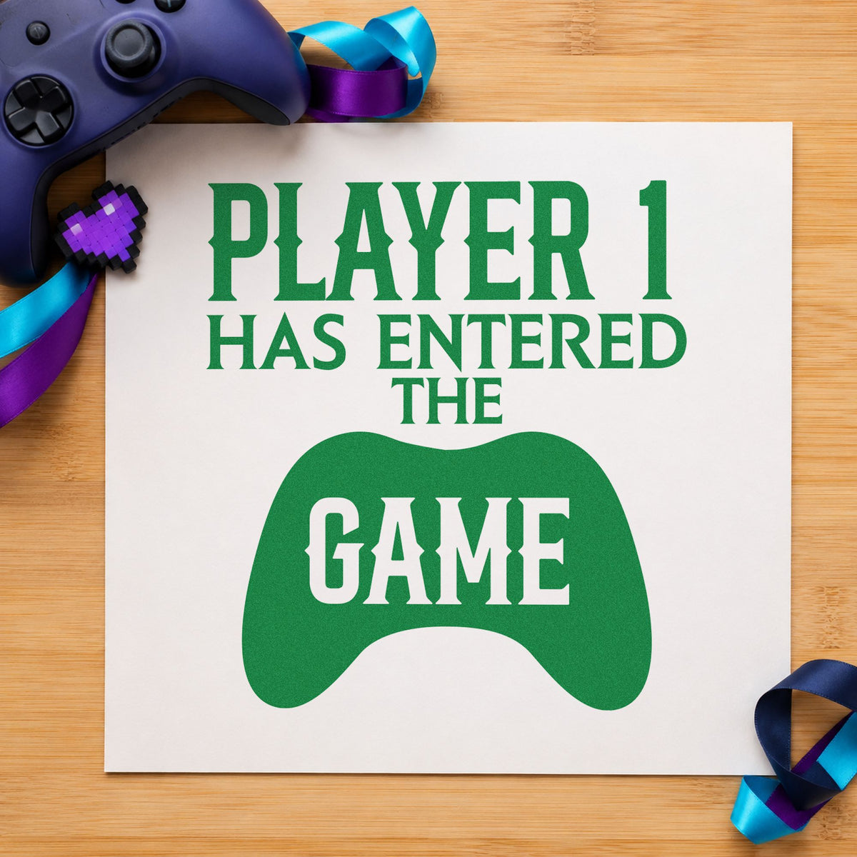 Player One Entered Game craft stamp in green ink on cardstock, an easy option for first year album page.