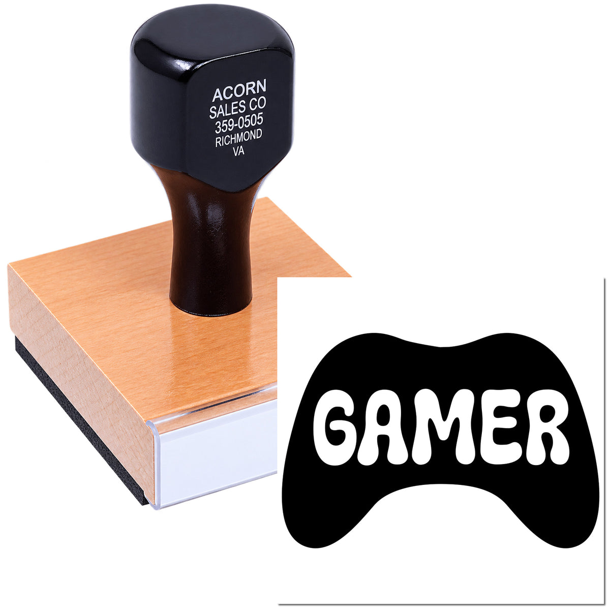 Custom gamer rubber stamp with game controller logo for esports branding, packaging, and gaming-themed projects.