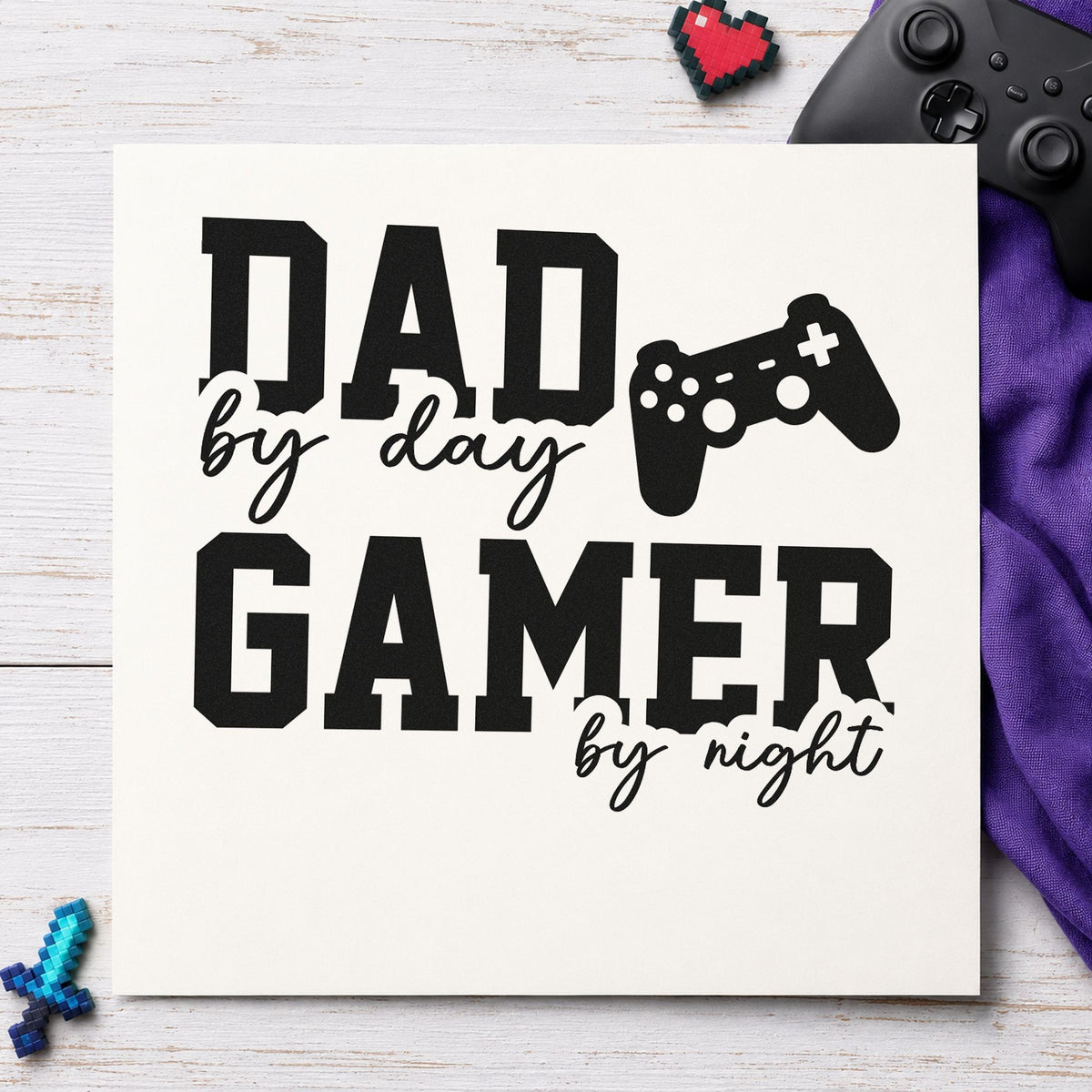 Dad Day Gamer Night craft stamp imprint in black ink on a handmade project, one idea being game gift tags.