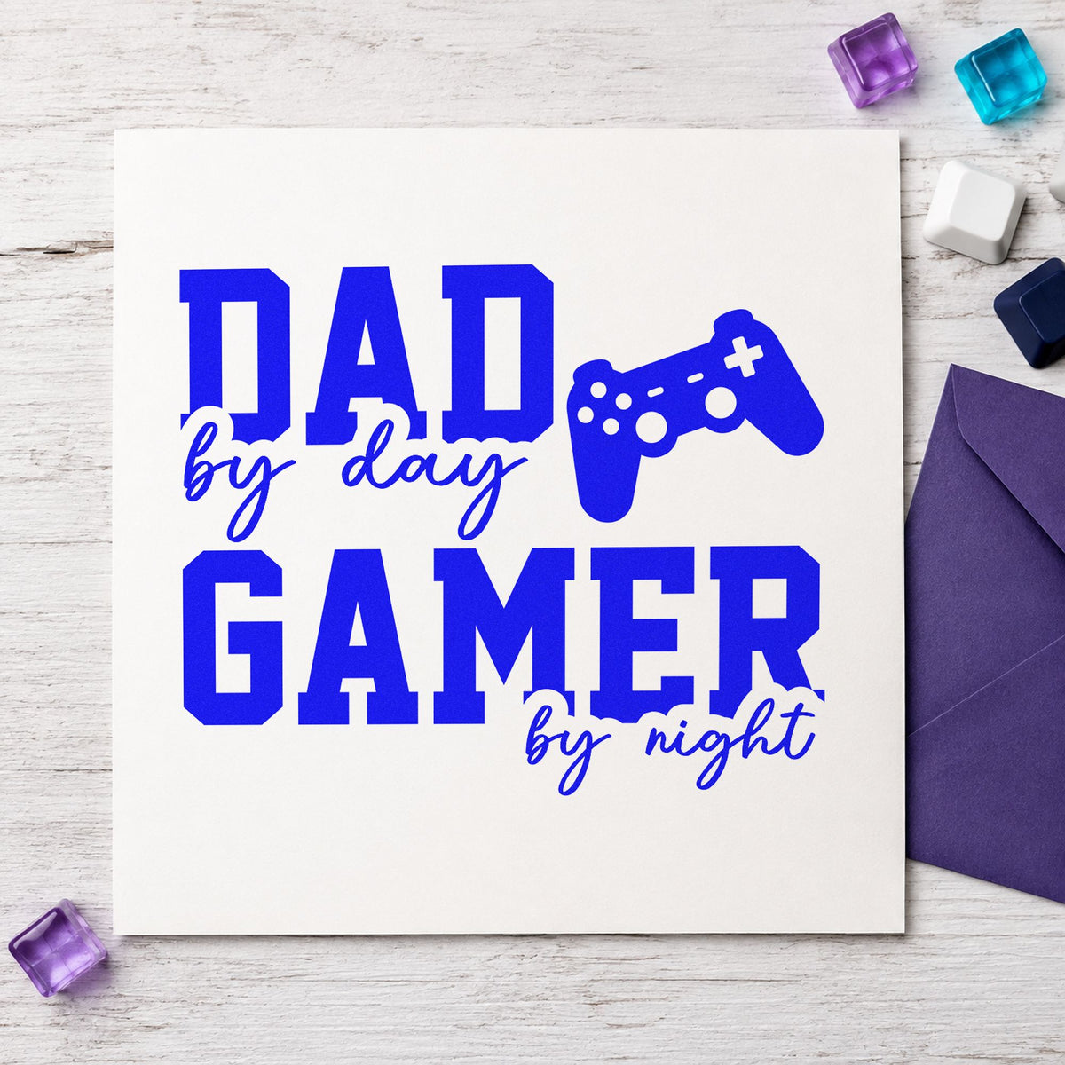 Dad Day Gamer Night craft stamp imprinted in blue ink on paper, a design suited to framed den shelf.