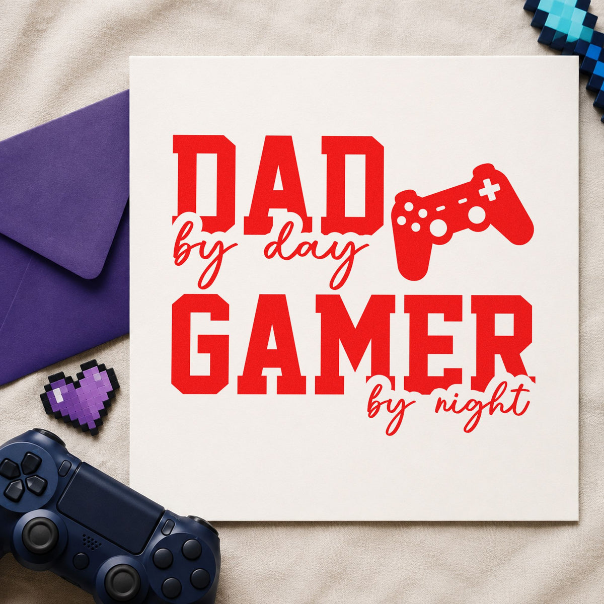 Dad Day Gamer Night rubber stamp shown in red ink, stamped for projects such as shelf title labels.