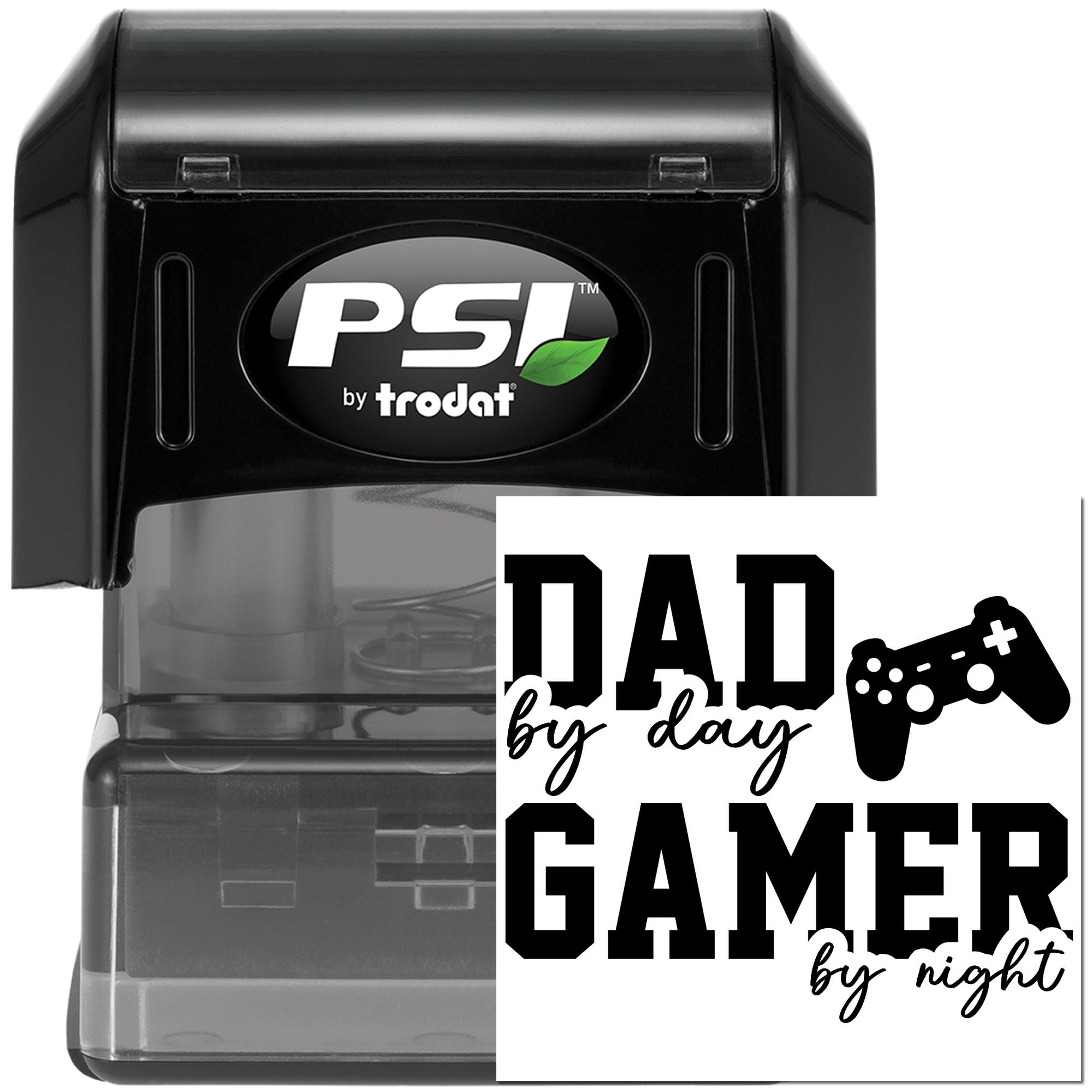 Custom self-inking rubber stamp for dads and gamers with Dad by day, gamer by night design and controller icon.