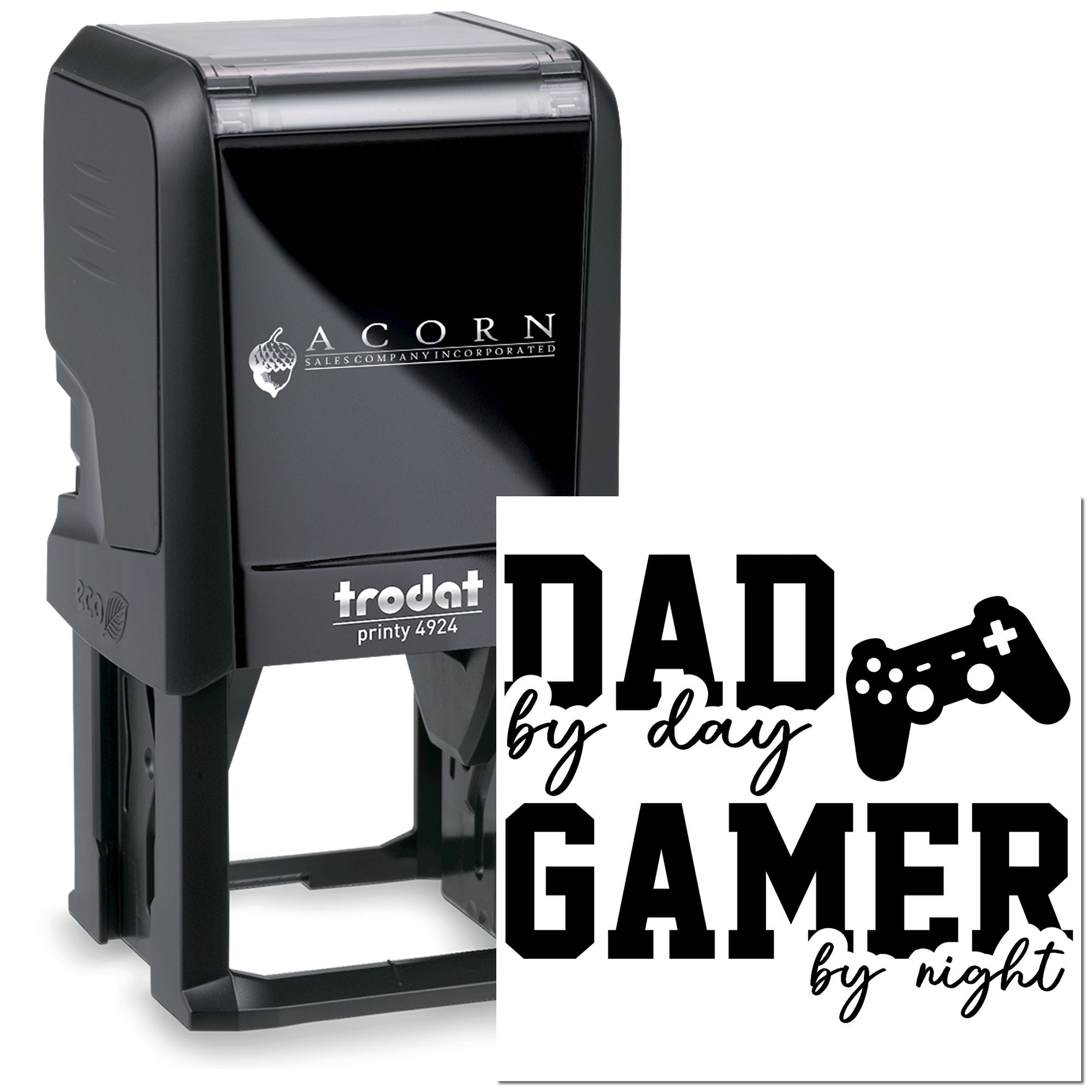 Trodat self-inking rubber stamp with Dad by day, Gamer by night design for personalized Fathers Day gifts.