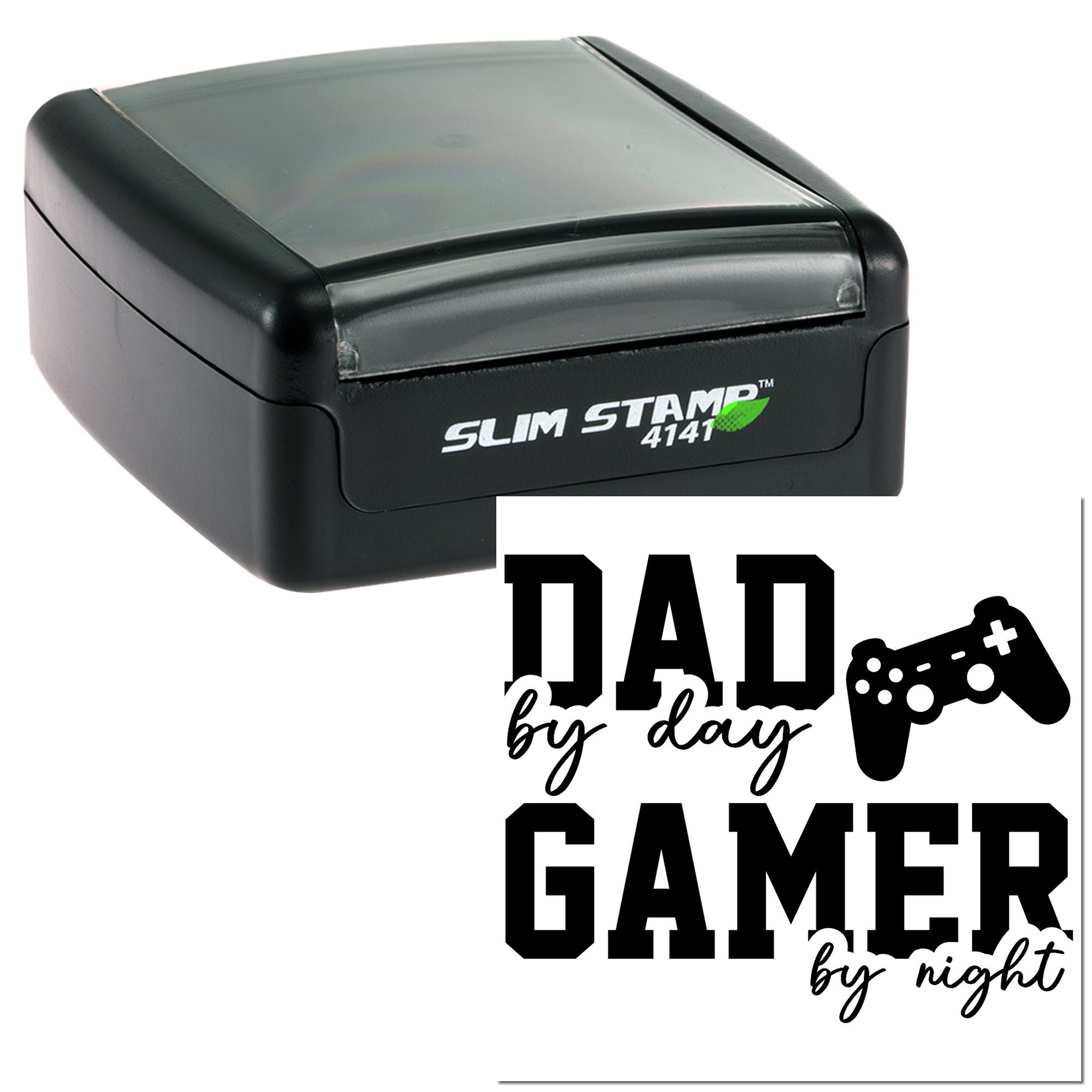 Custom self-inking rubber stamp for Dad by day, Gamer by night design with game controller graphic