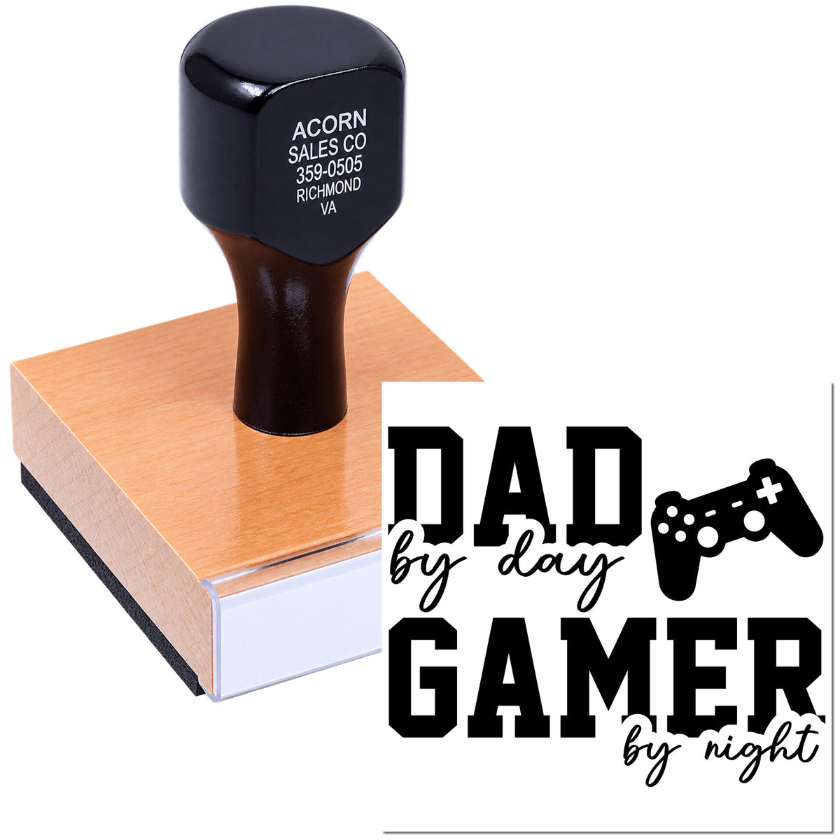 Custom rubber stamp with Dad by day, gamer by night design and game controller icon for personalized gift stamping.