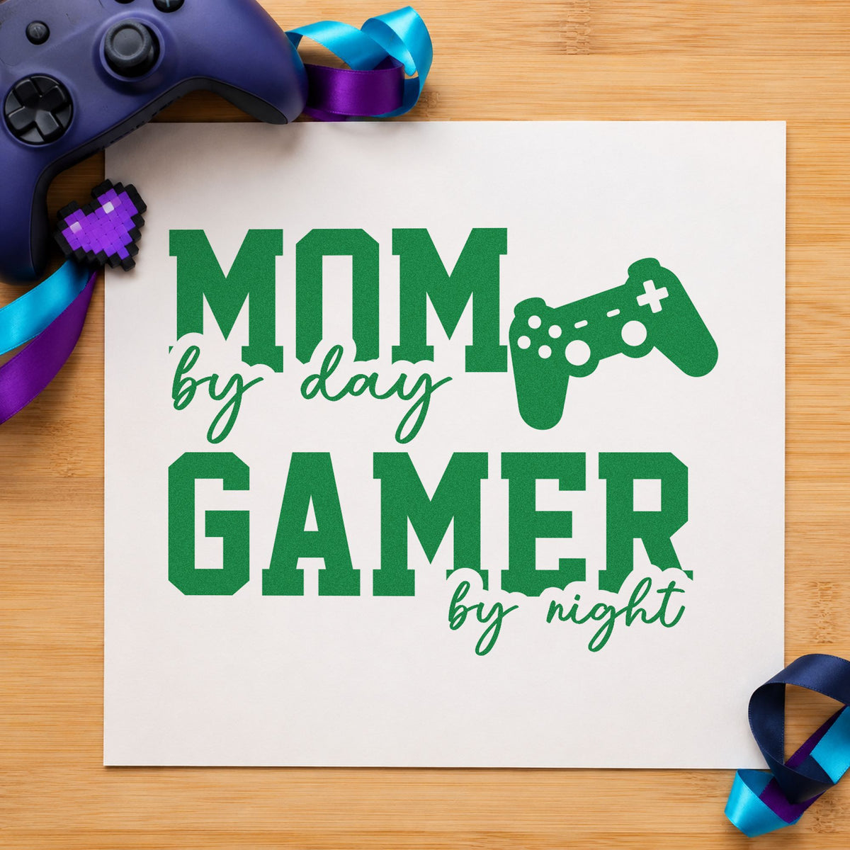 Mom Day Gamer Night craft stamp imprint in green ink on a handmade project, one idea being game pick cards.