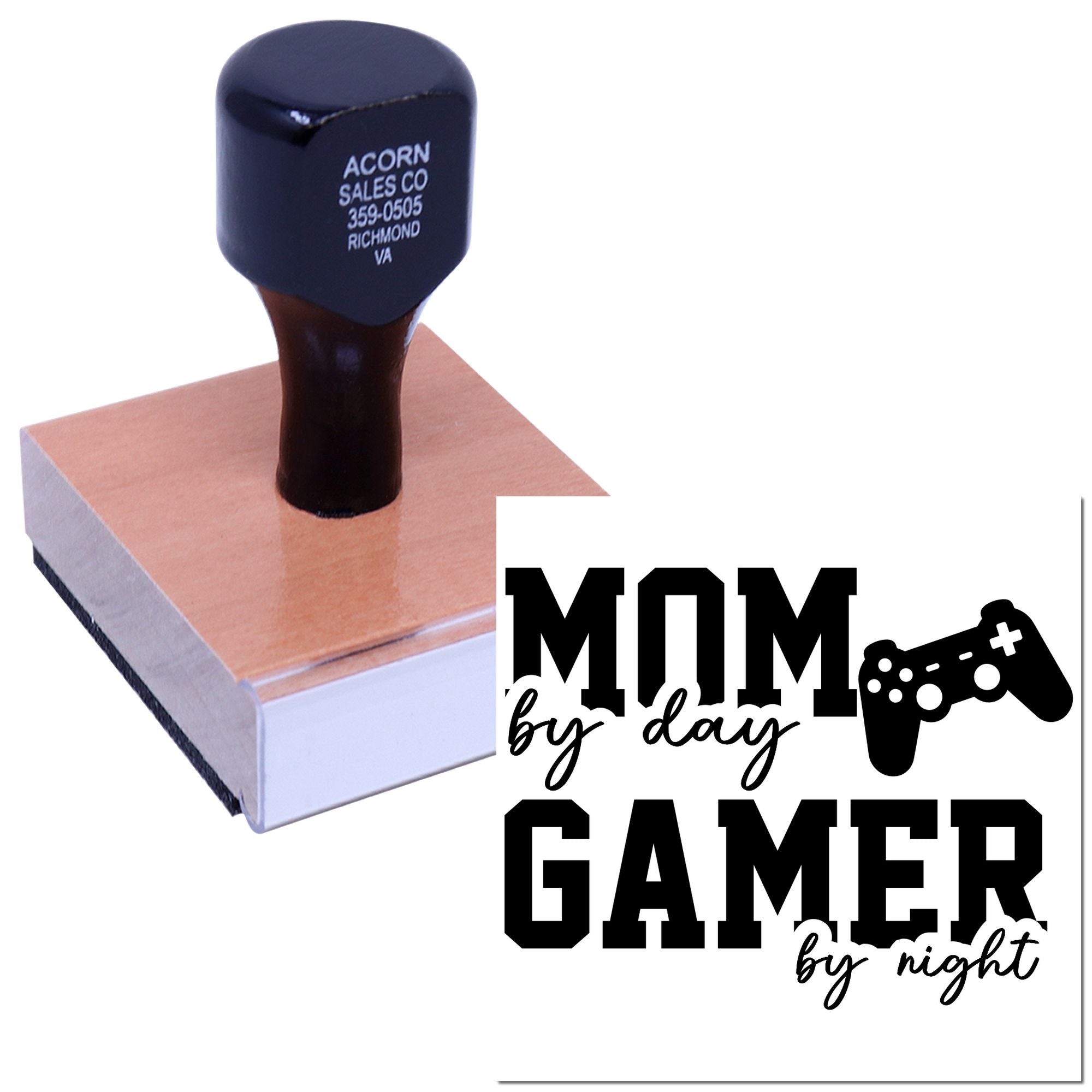 Custom rubber stamp with Mom by Day, Gamer by Night design for personalized crafts and gifts.