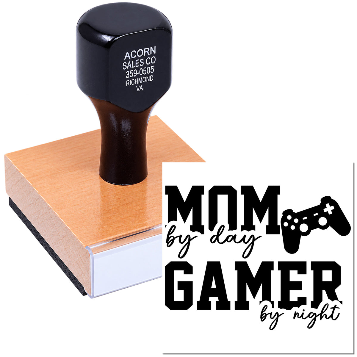 Custom rubber stamp with Mom by Day, Gamer by Night design for personalized crafts and gifts.